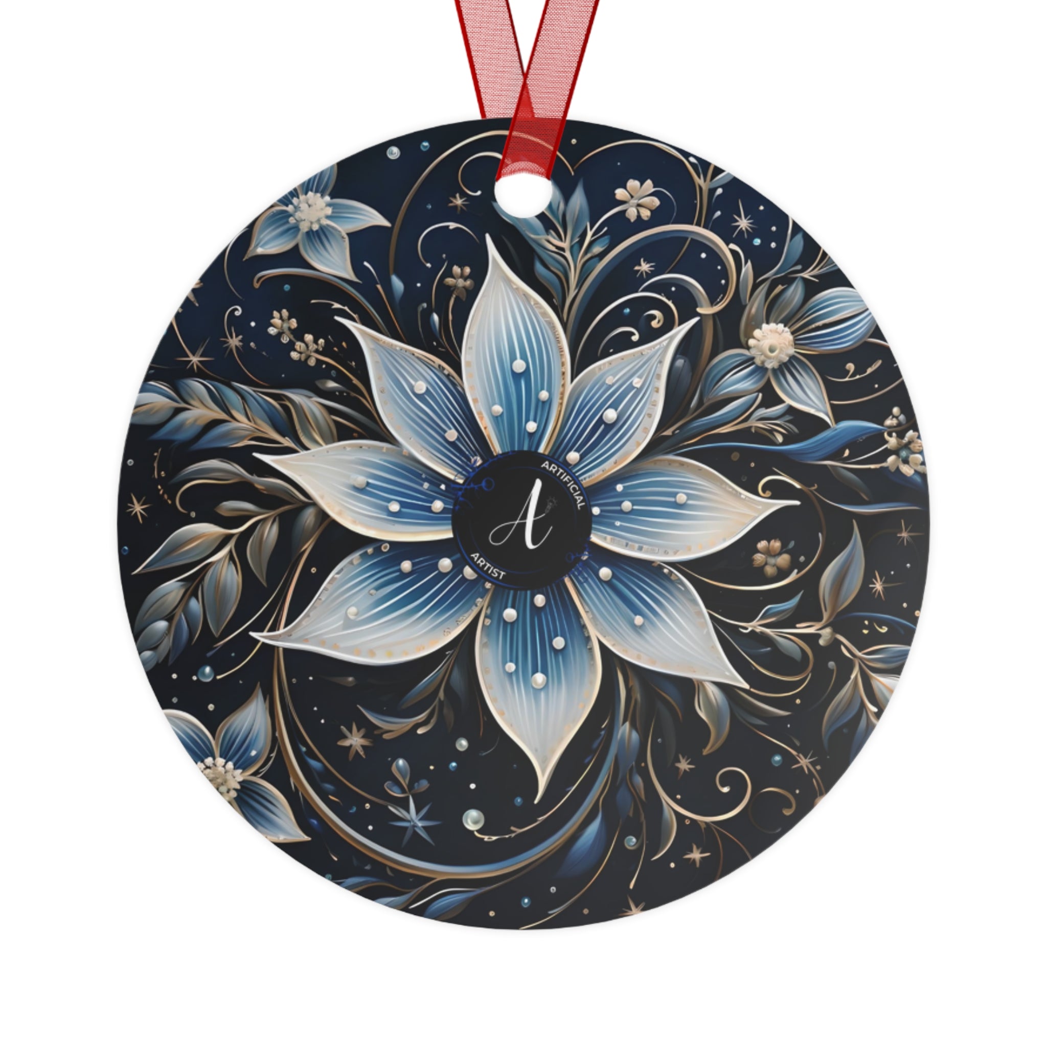 Glossy aluminum Christmas ornament featuring a midnight snowflake design, round shape, by Printify
