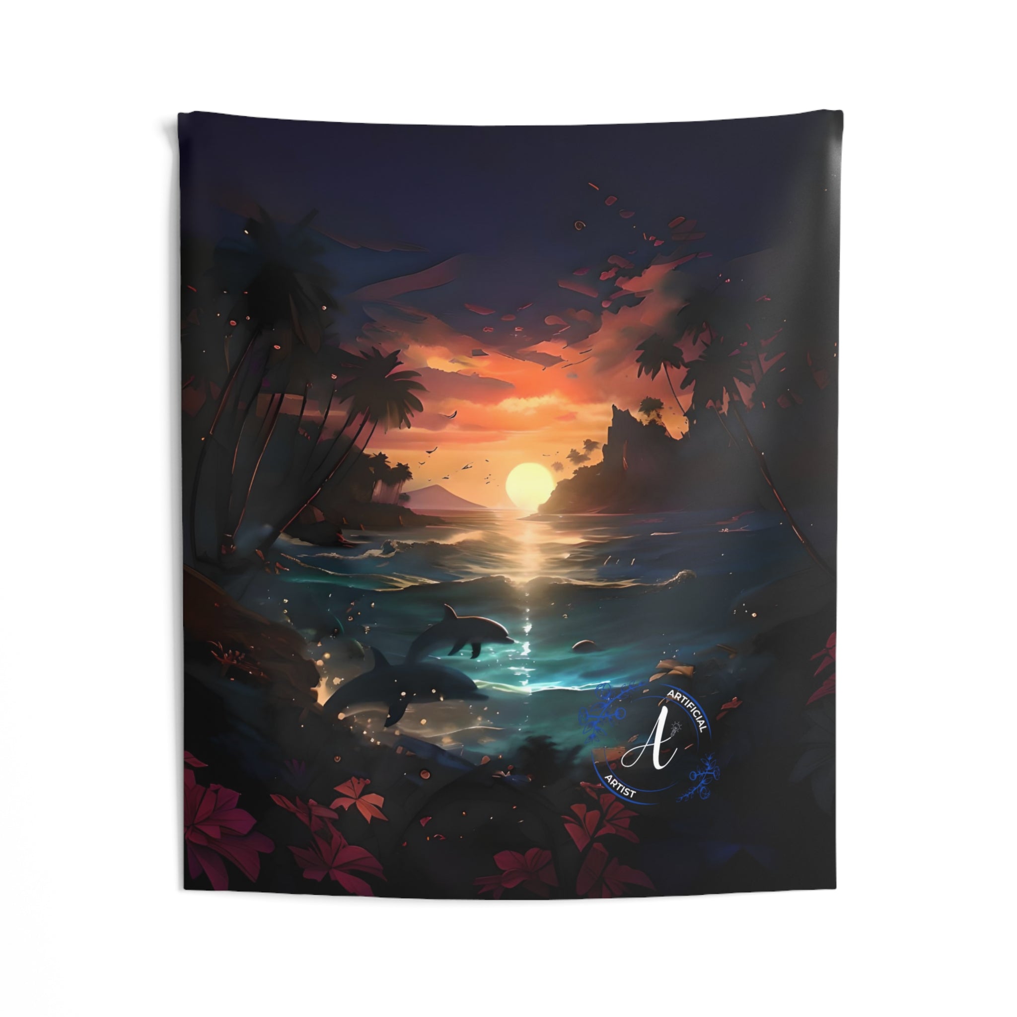 Premium beach-themed wall tapestry featuring vibrant sunset dolphins, 100% polyester, by Artificial Artist
