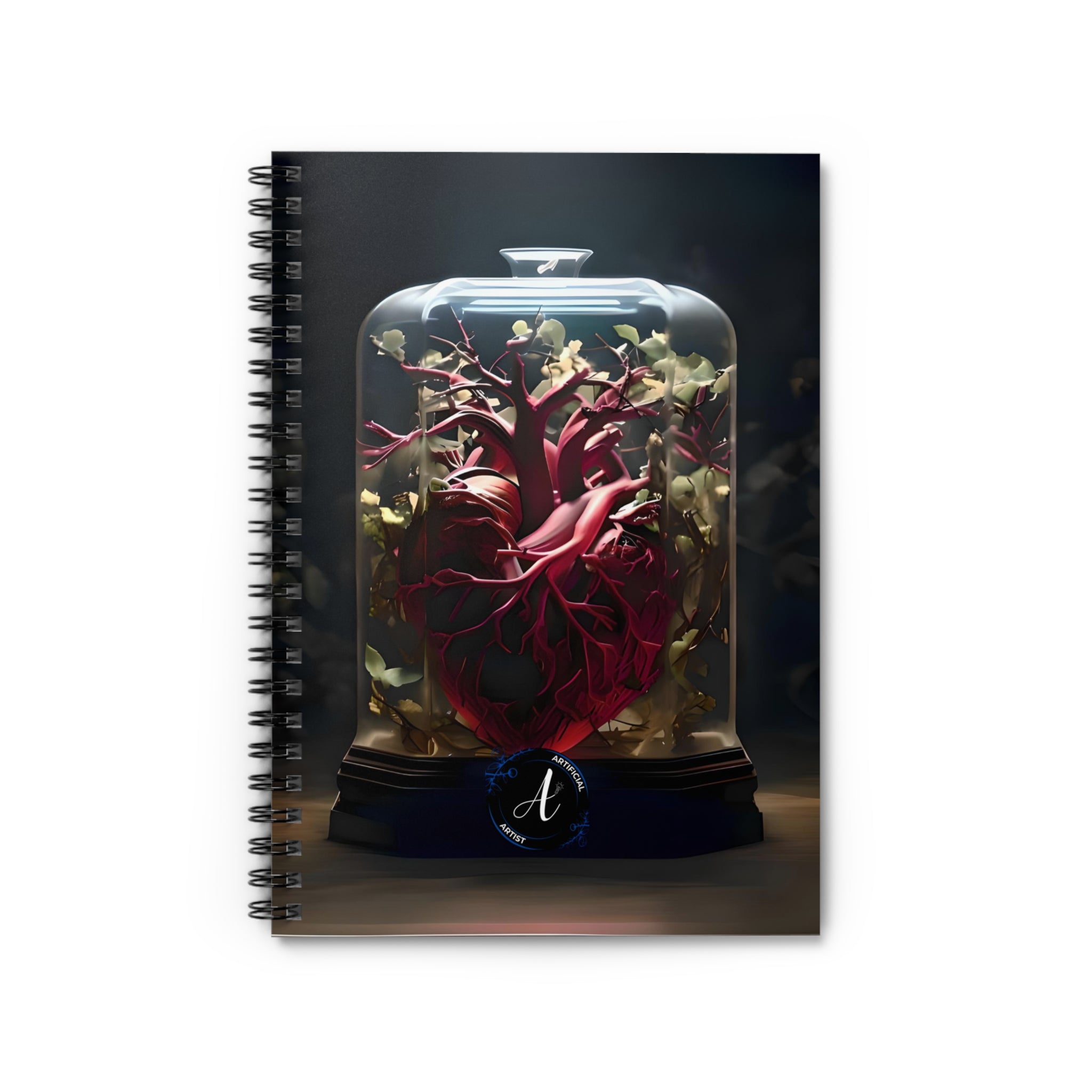 Dark grey ruled spiral notebook with heart design, 118 pages, by Artificial Artist, ideal for creative writing and planning.