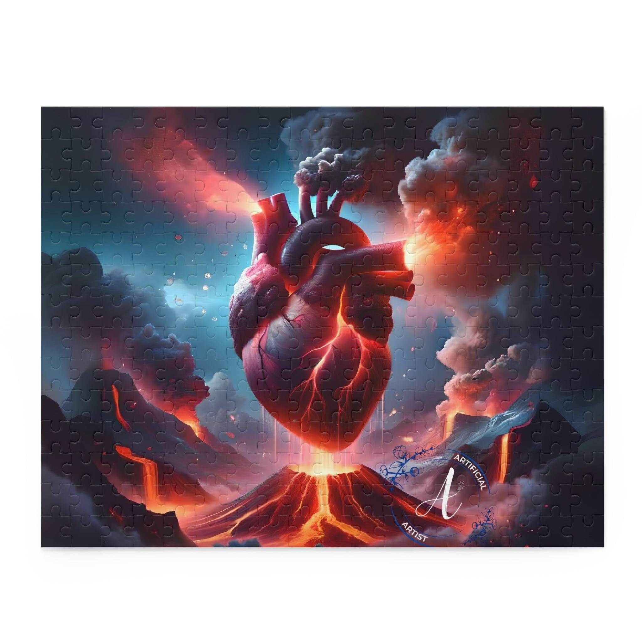 Emotions Erupt high-quality chipboard jigsaw puzzle available in 120, 252, and 500 pieces, featuring vibrant artwork.