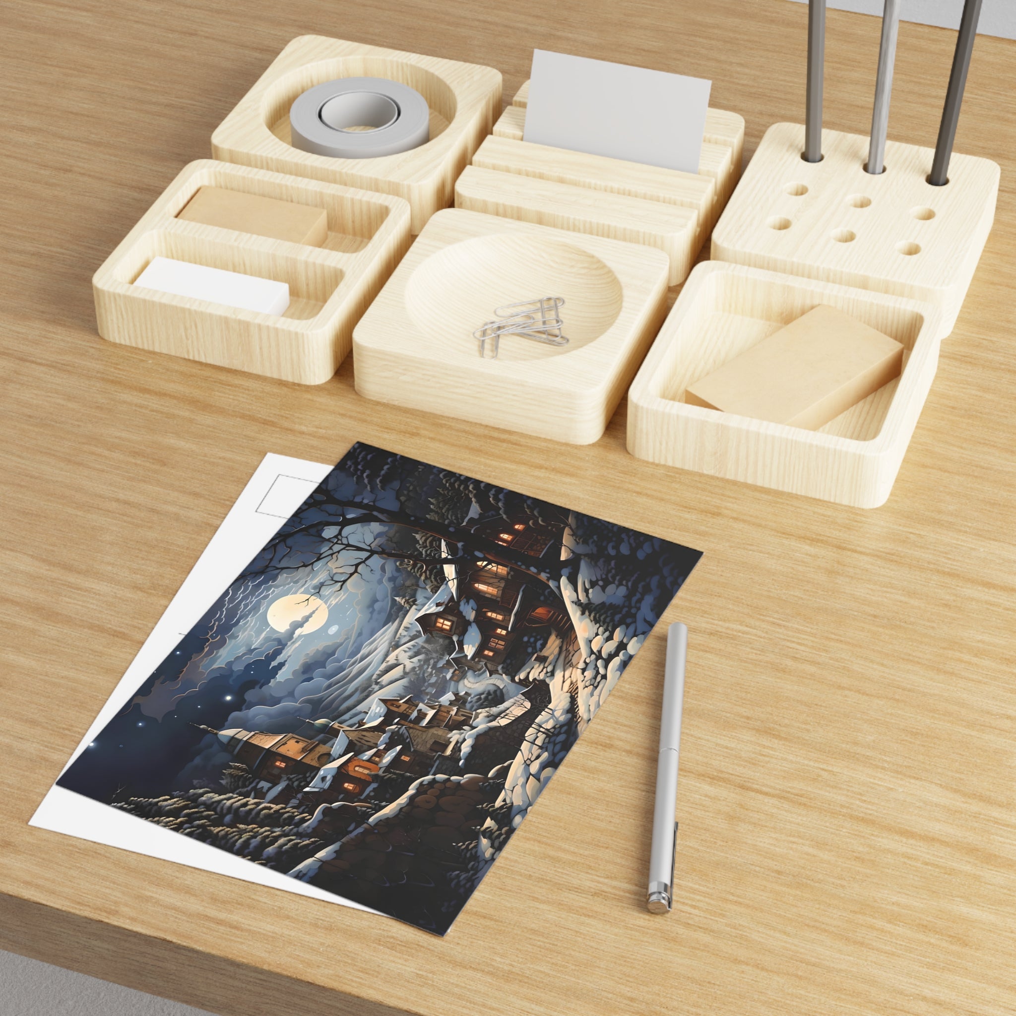 Glossy 7x5 holiday postcard featuring Lunar Village art by Artificial Artist on 280gsm paper