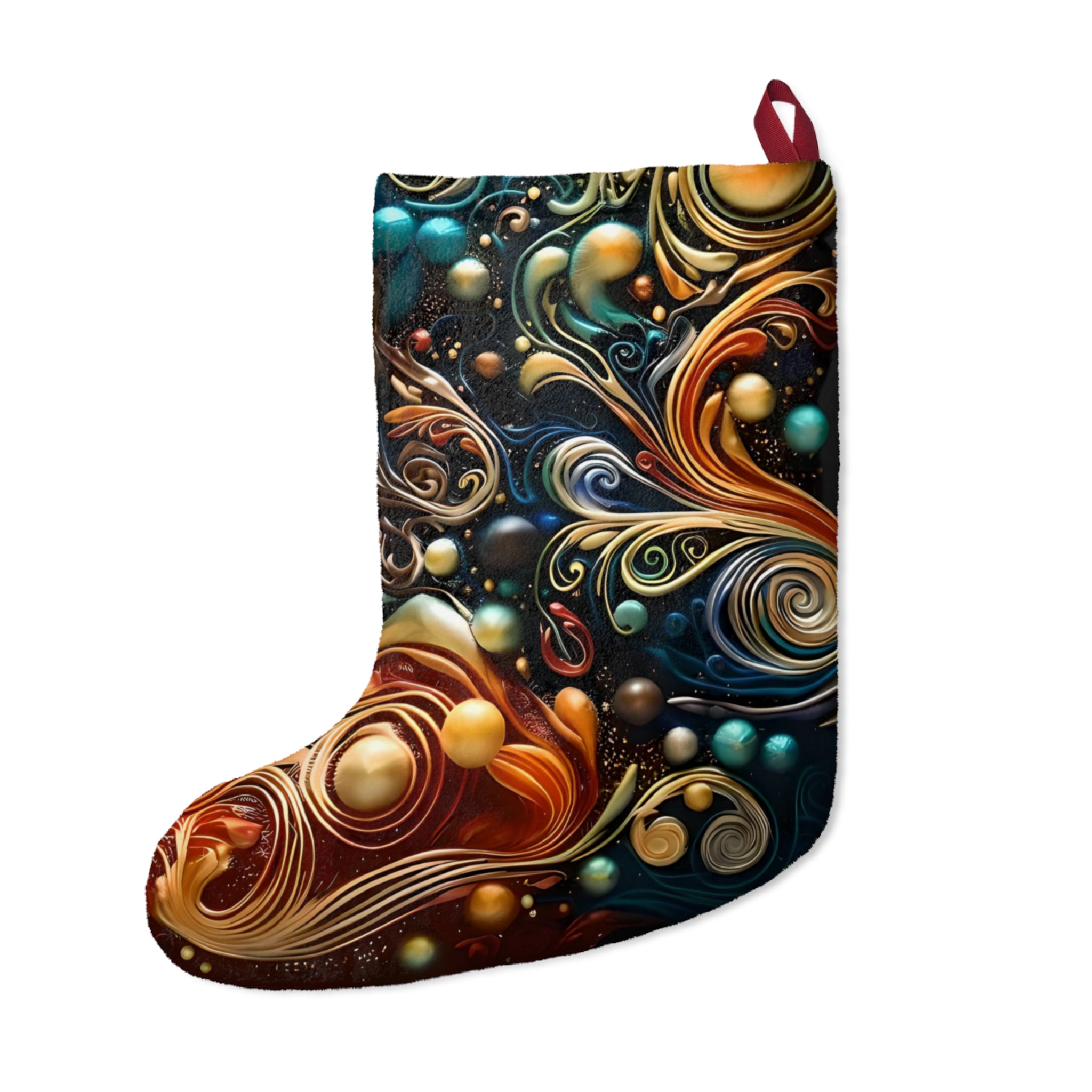 Double-sided fleece Christmas stocking by Artificial Artist in festive design, one size, assembled in the USA.