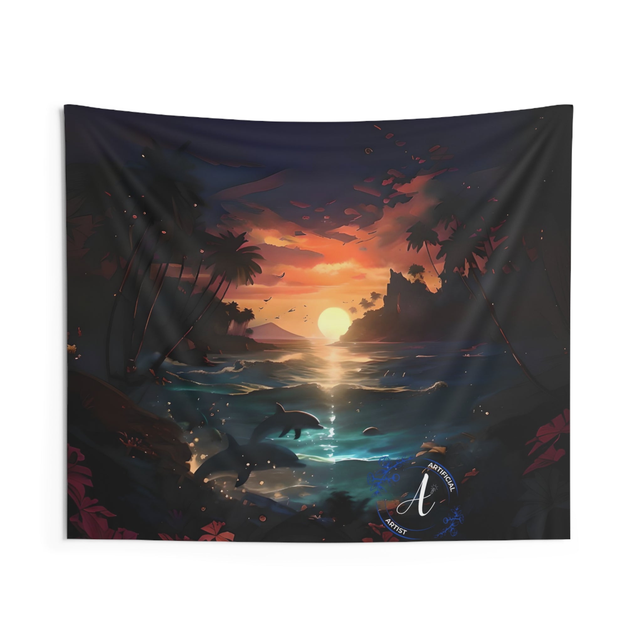 Premium sunset dolphins wall tapestry in vibrant colors, 100% polyester, by Artificial Artist, beach-themed decor.