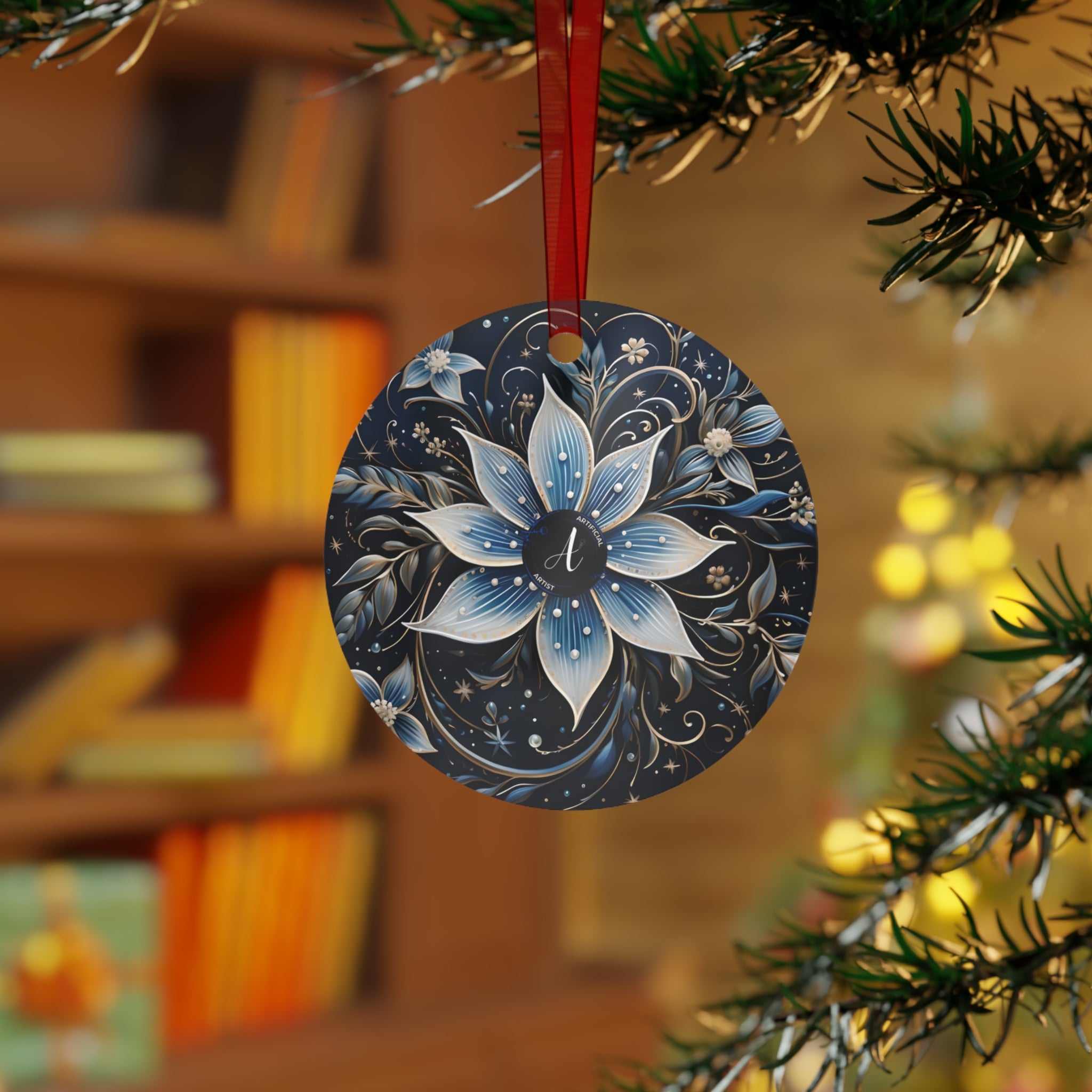 Glossy aluminum round Christmas ornament with midnight snowflake design by Printify