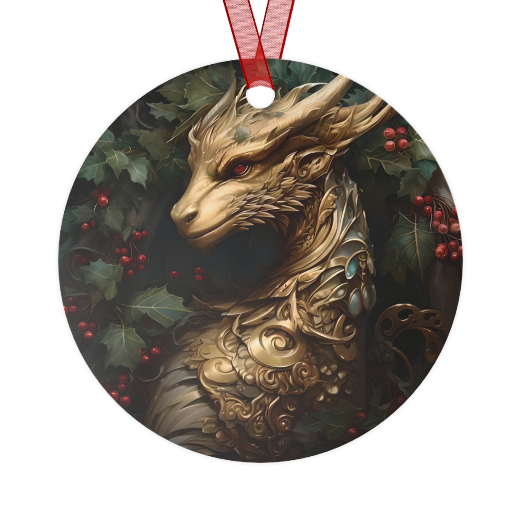 Round aluminum Christmas ornament featuring a golden dragon design, double-sided, from Printify.