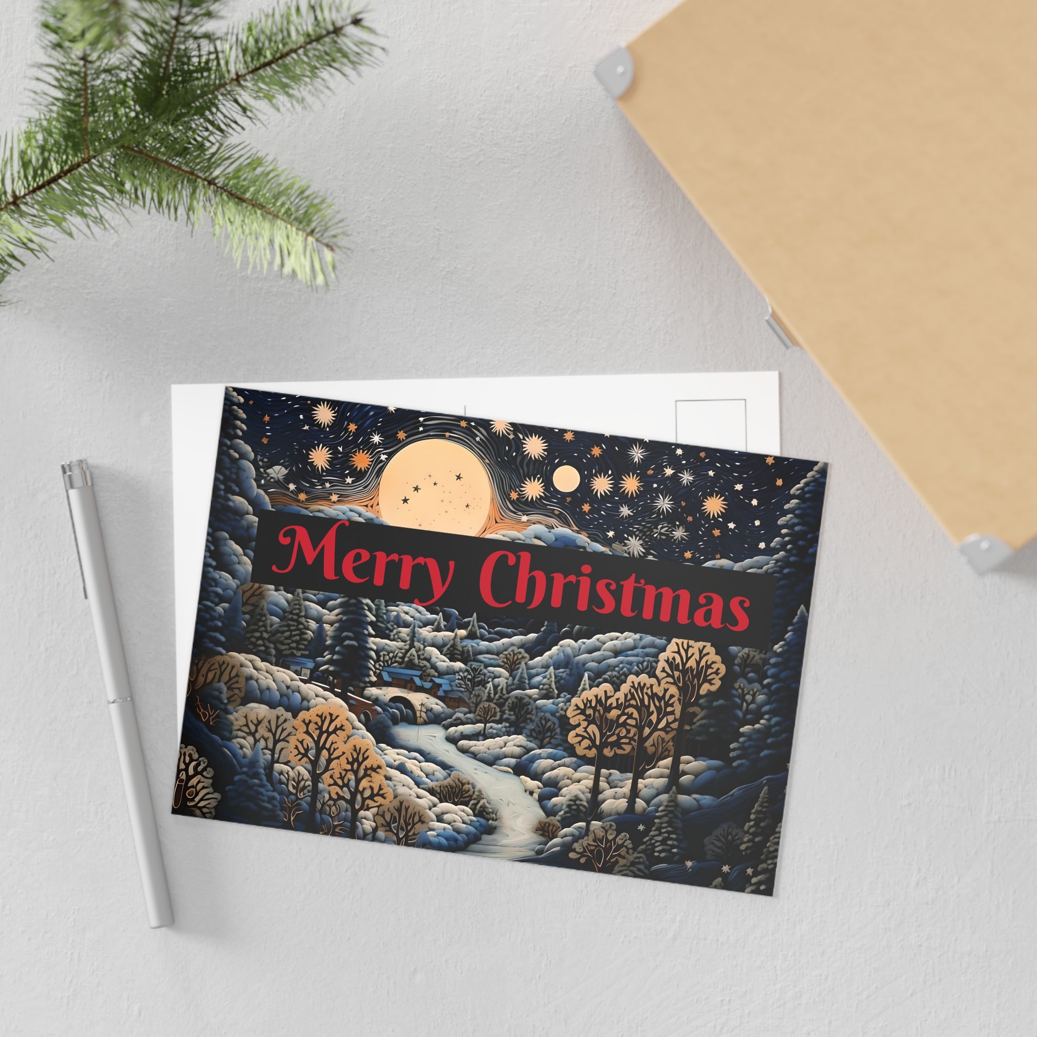 Glossy 7x5 holiday postcard featuring a premium snowy hillscape design by Artificial Artist