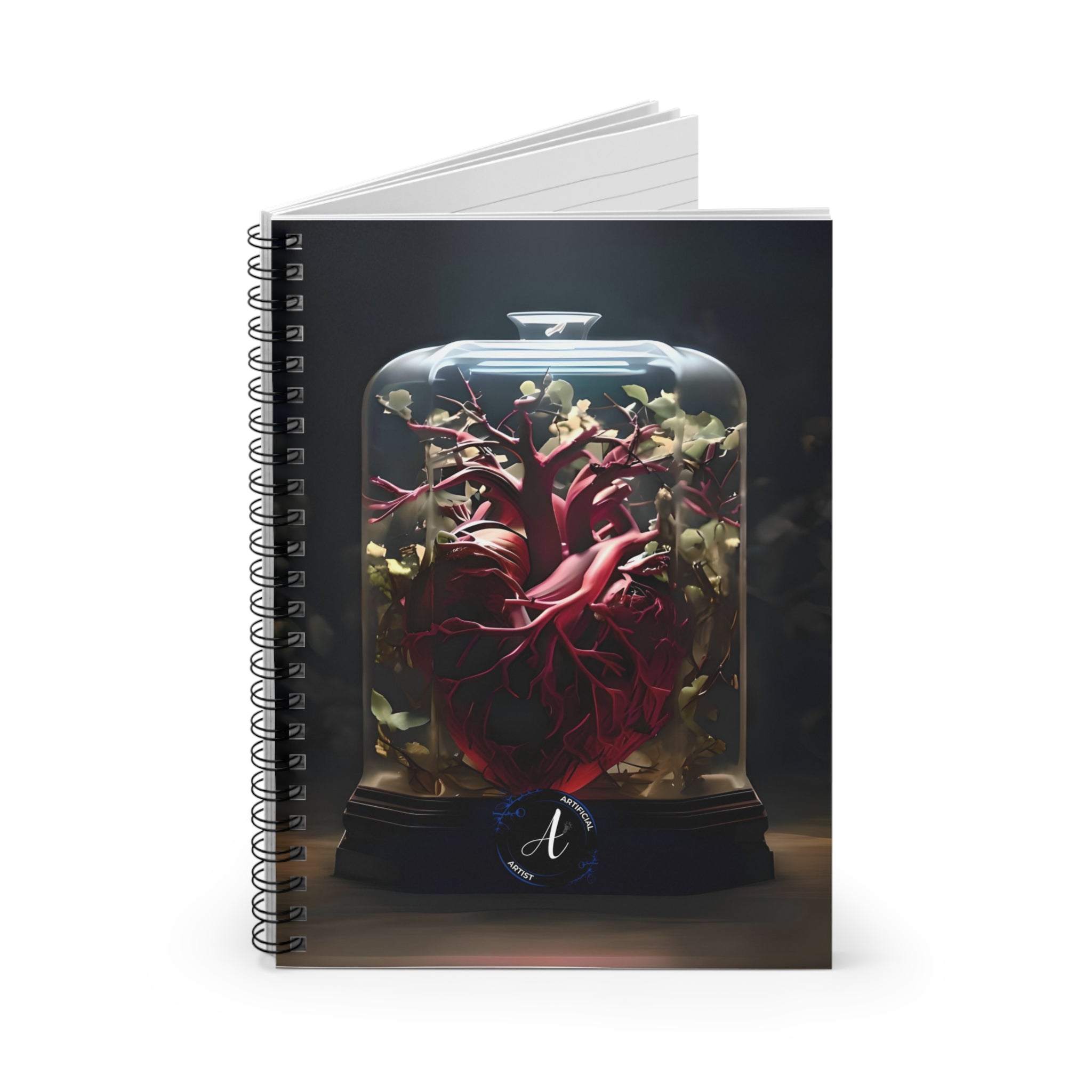 Dark grey ruled spiral notebook with heart design, 118 pages by Artificial Artist, perfect for creative writing and planning