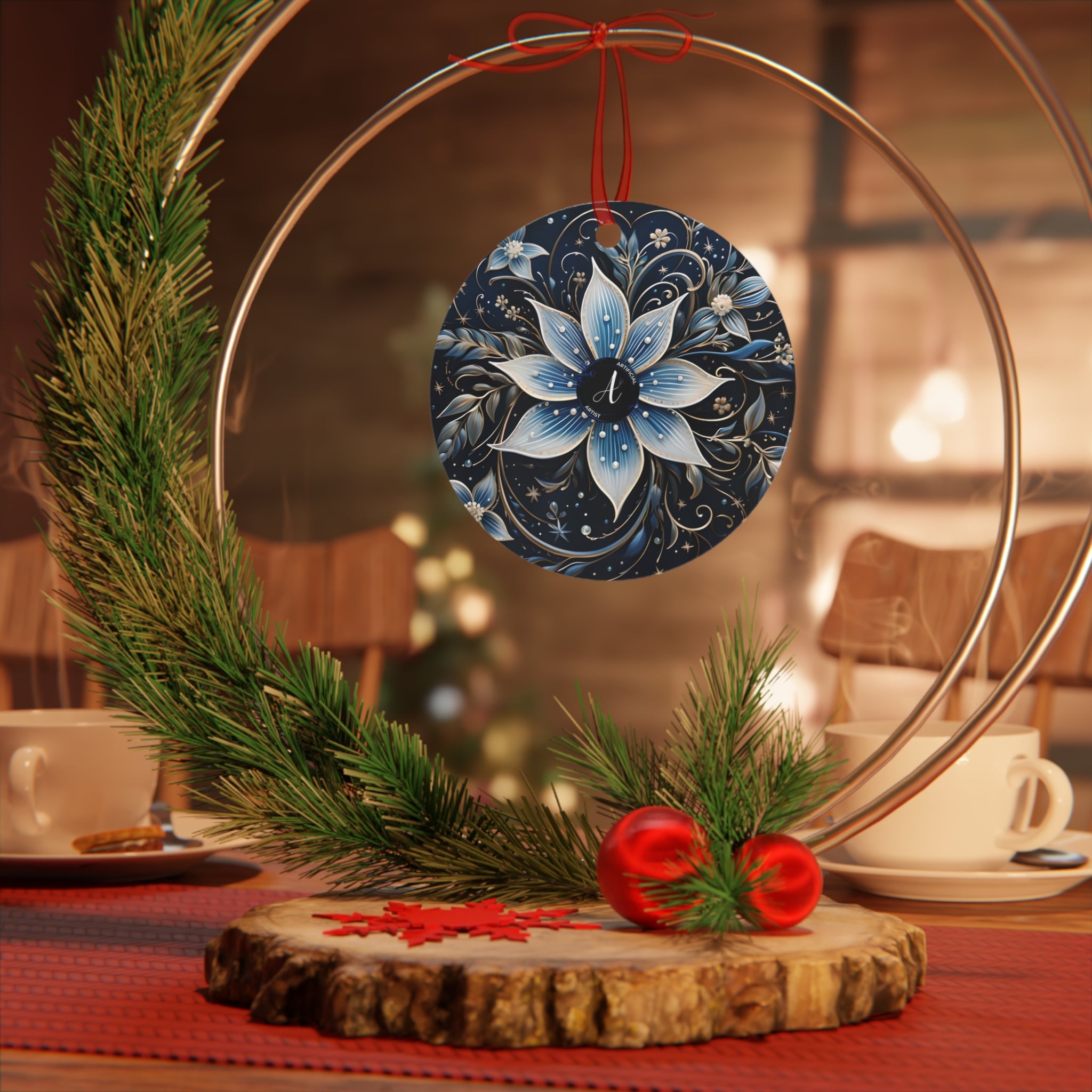Glossy aluminum round Christmas ornament with a midnight snowflake design by Printify