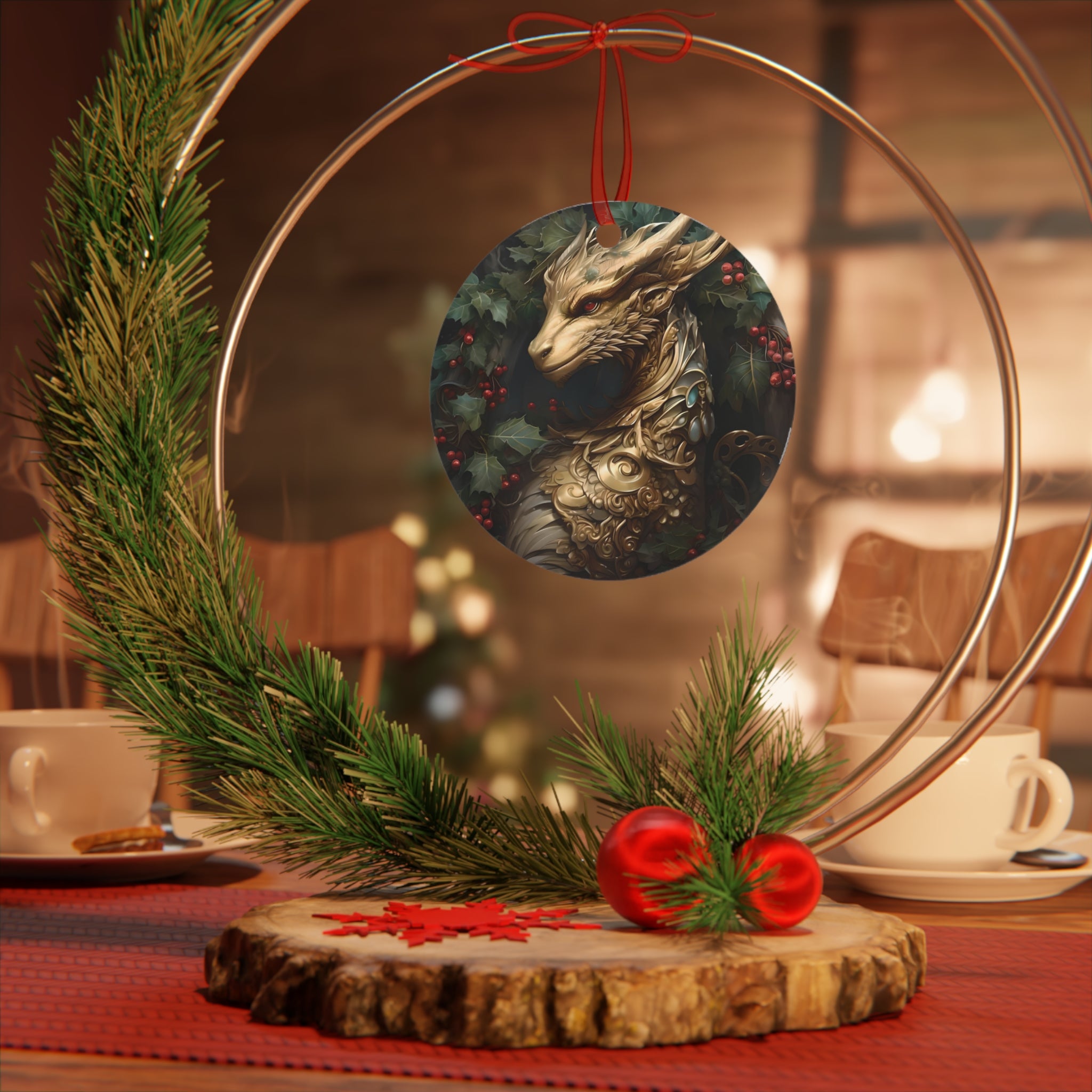 Golden round aluminum Christmas ornament with double-sided design, by Printify, featuring a dragon motif.