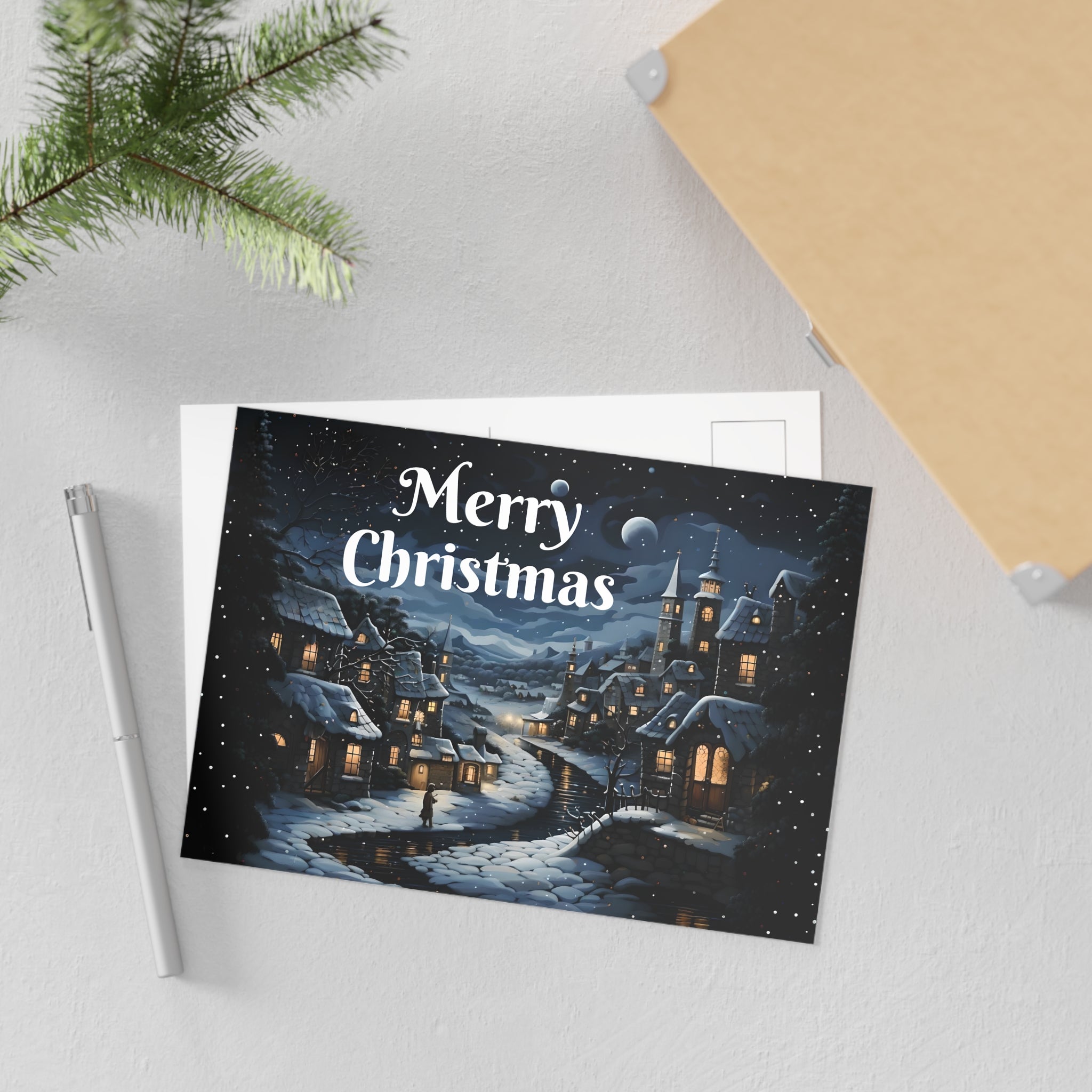 Moonlit Town glossy art postcard, 7x5 inches, featuring a holiday-themed design on 280gsm paper by Artificial Artist.