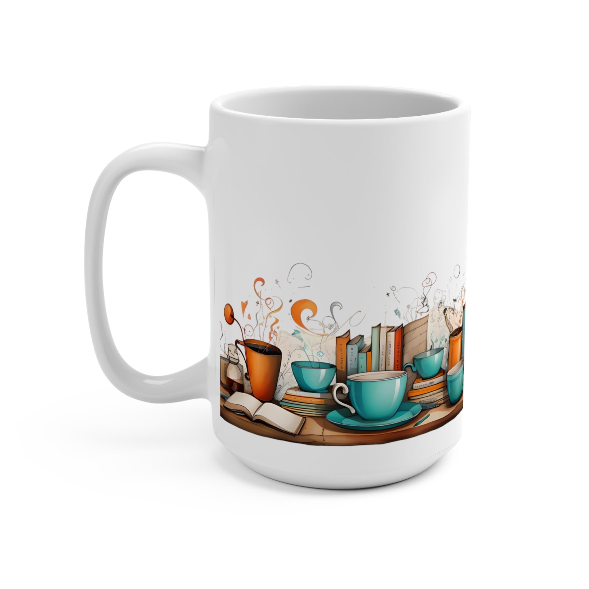 White ceramic coffee mug with handle, 15oz size, by Printify, designed for artisan coffee enthusiasts.
