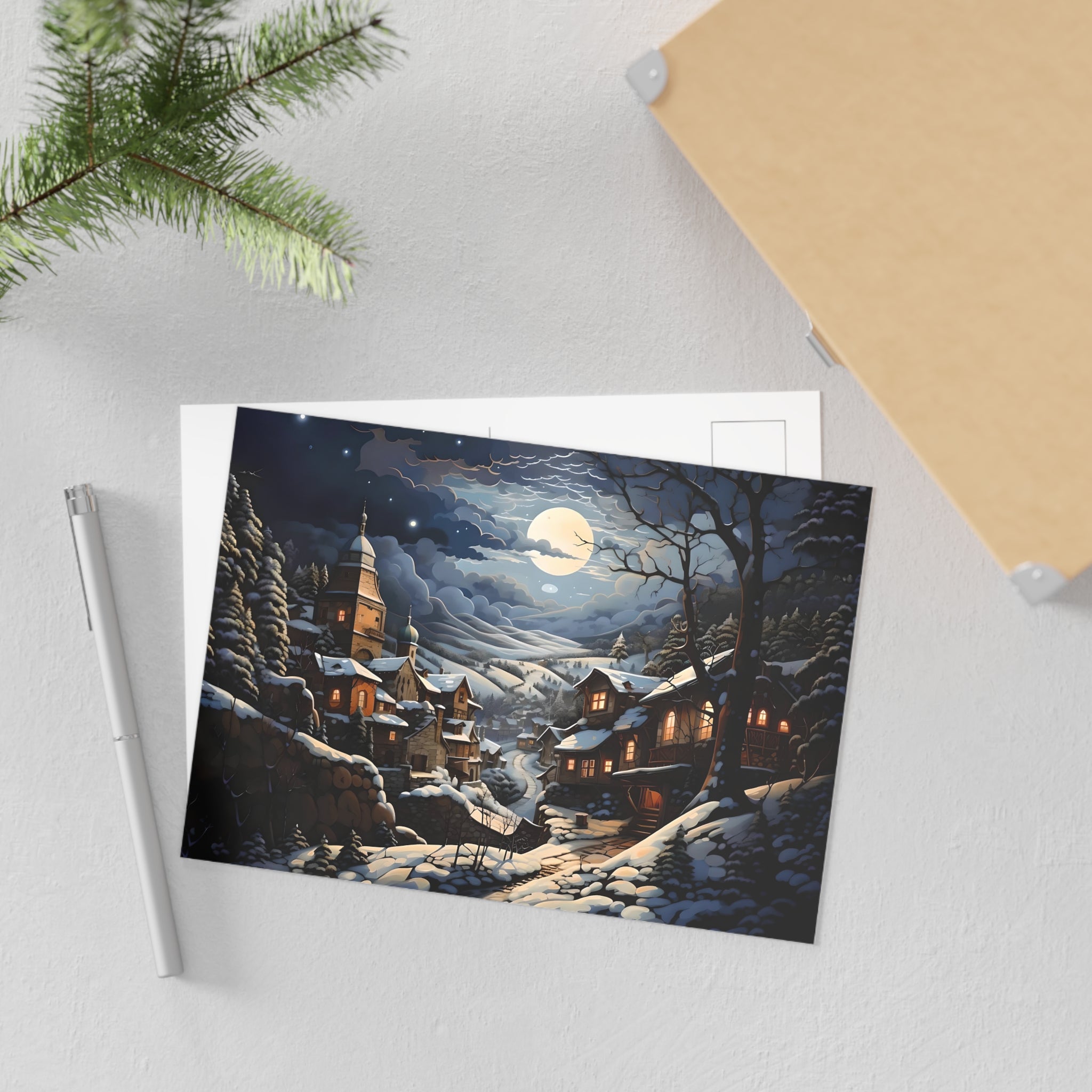 Glossy 7x5 holiday postcard featuring Lunar Village artwork, designed by Artificial Artist on 280gsm paper.