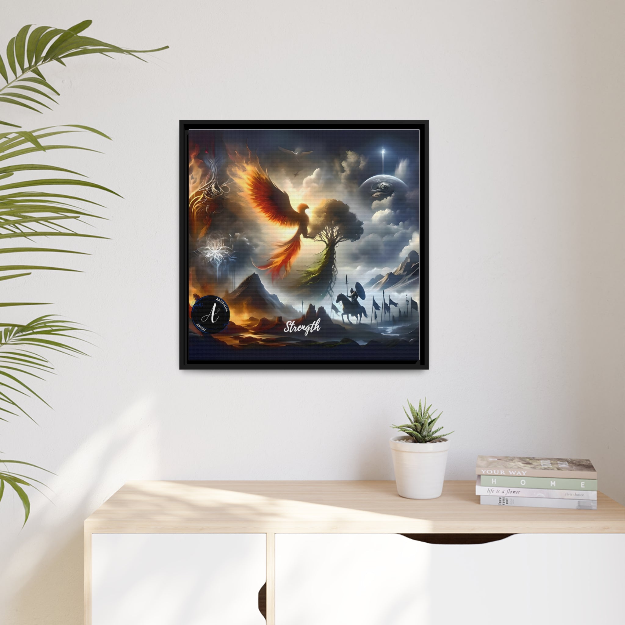 Phoenix Canvas Wall Art by Artificial Artist in black pinewood frame, 24x24 inches, featuring vibrant colors