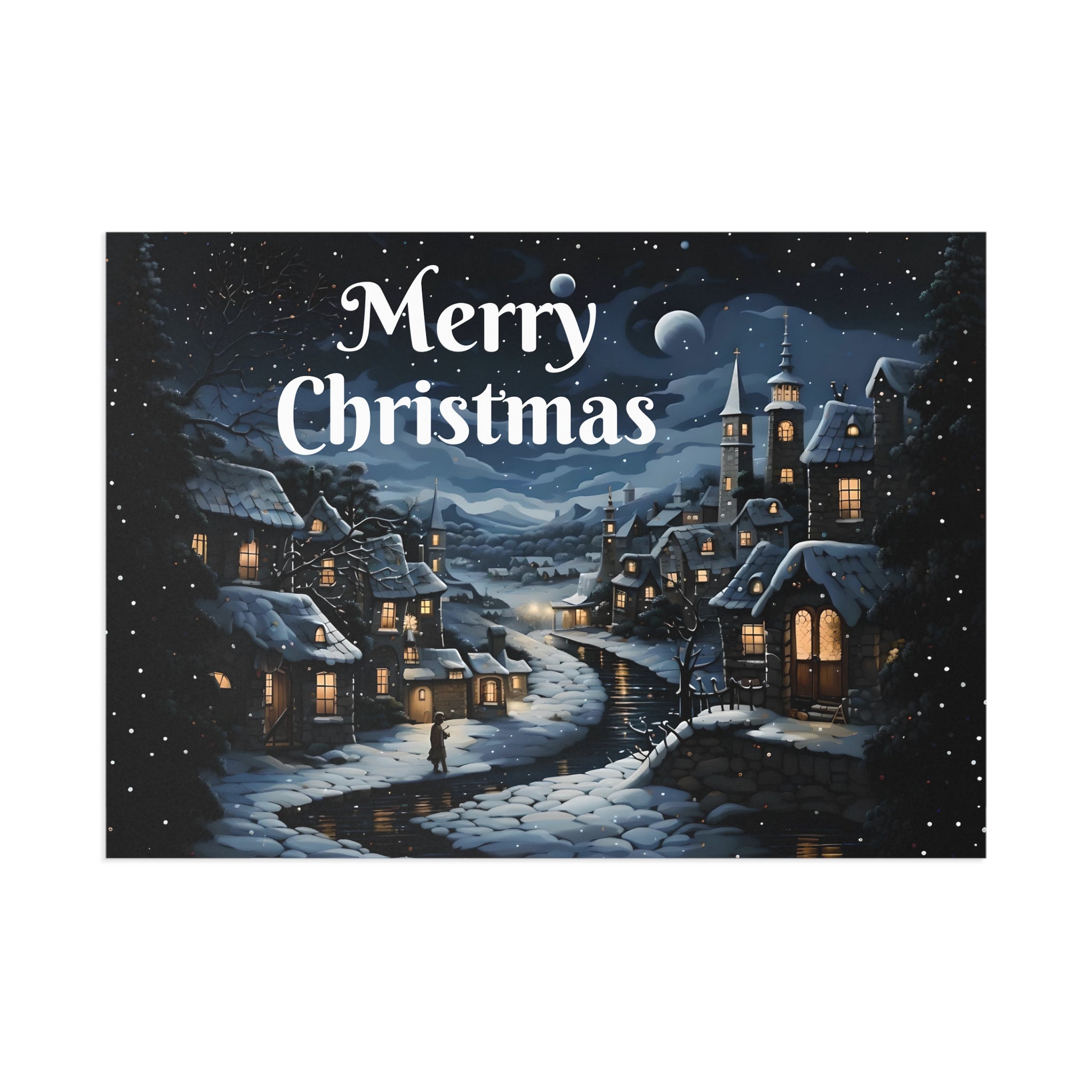 Moonlit Town glossy holiday postcard, 7x5 inches, featuring vibrant art on 280gsm paper by Artificial Artist.