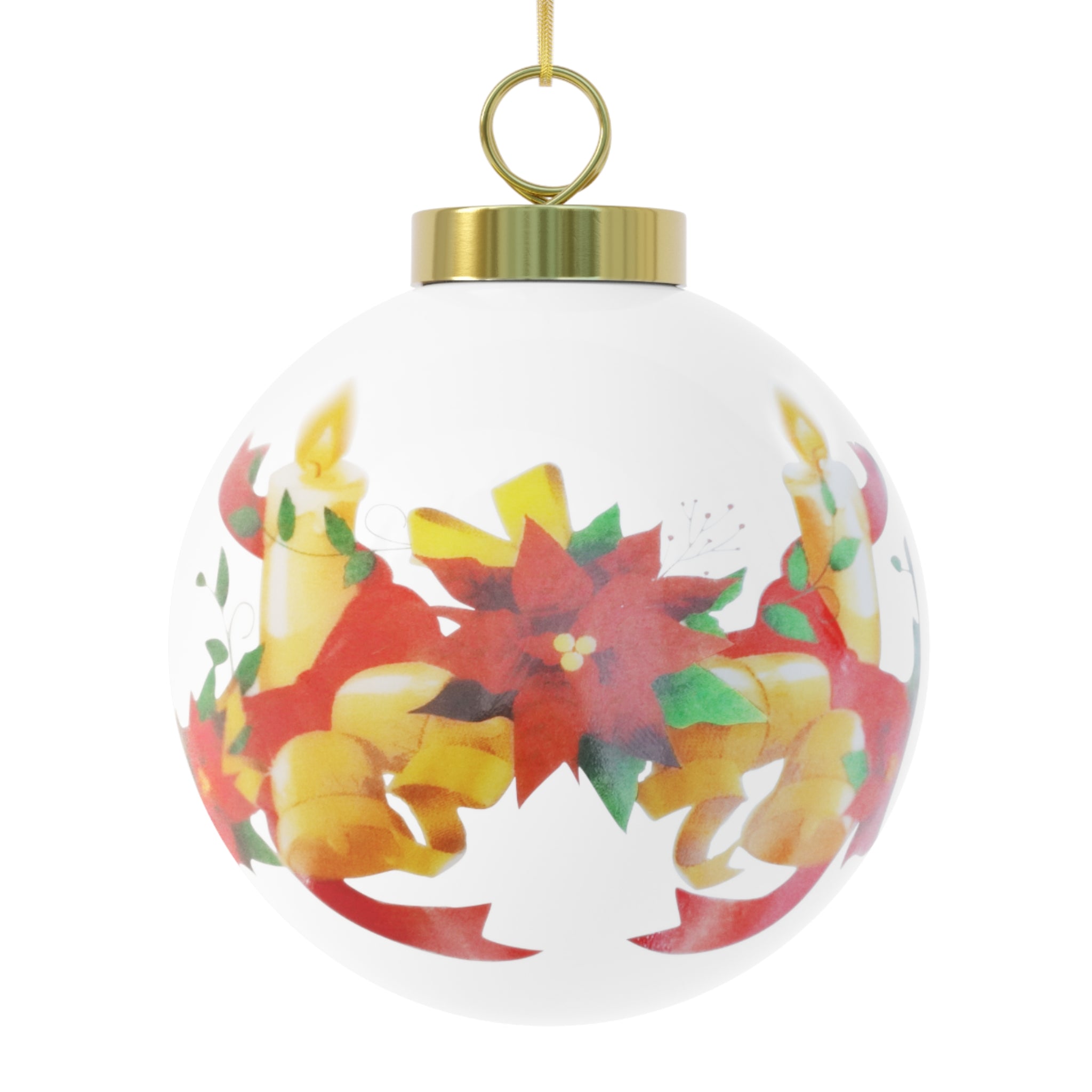 Glossy vintage white ceramic Christmas ball ornament with bell design, 3 inches, by Printify.