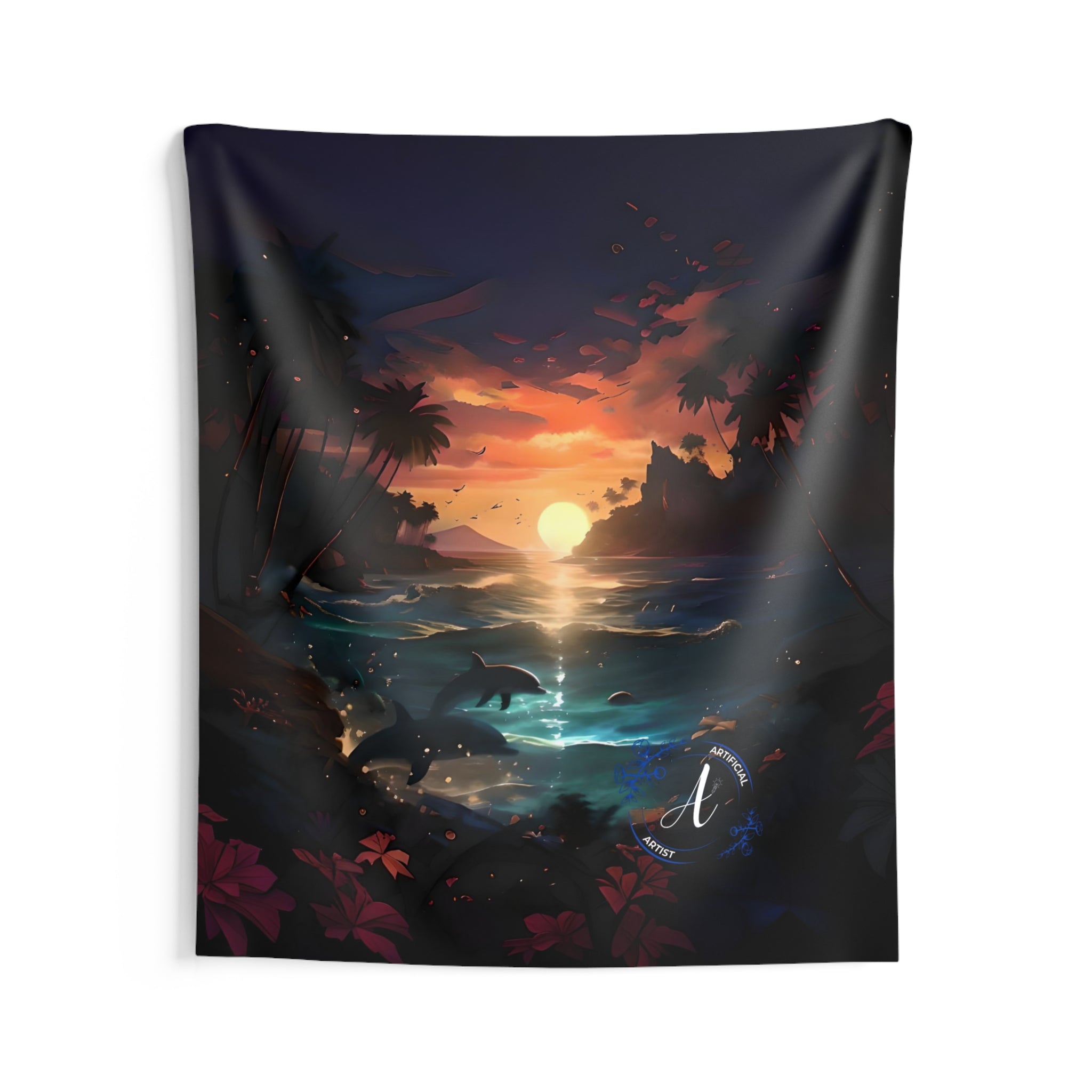 Premium polyester wall tapestry featuring sunset dolphins in vibrant colors, perfect for beach-themed indoor decor by Artifi
