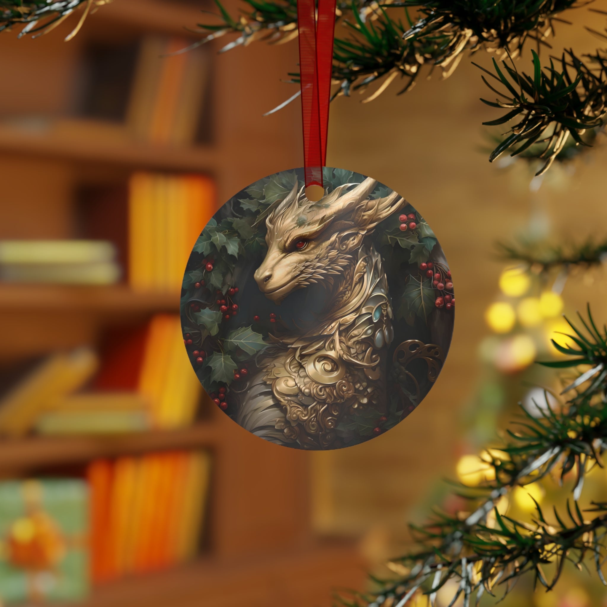 Round double-sided golden dragon aluminum Christmas ornament by Printify