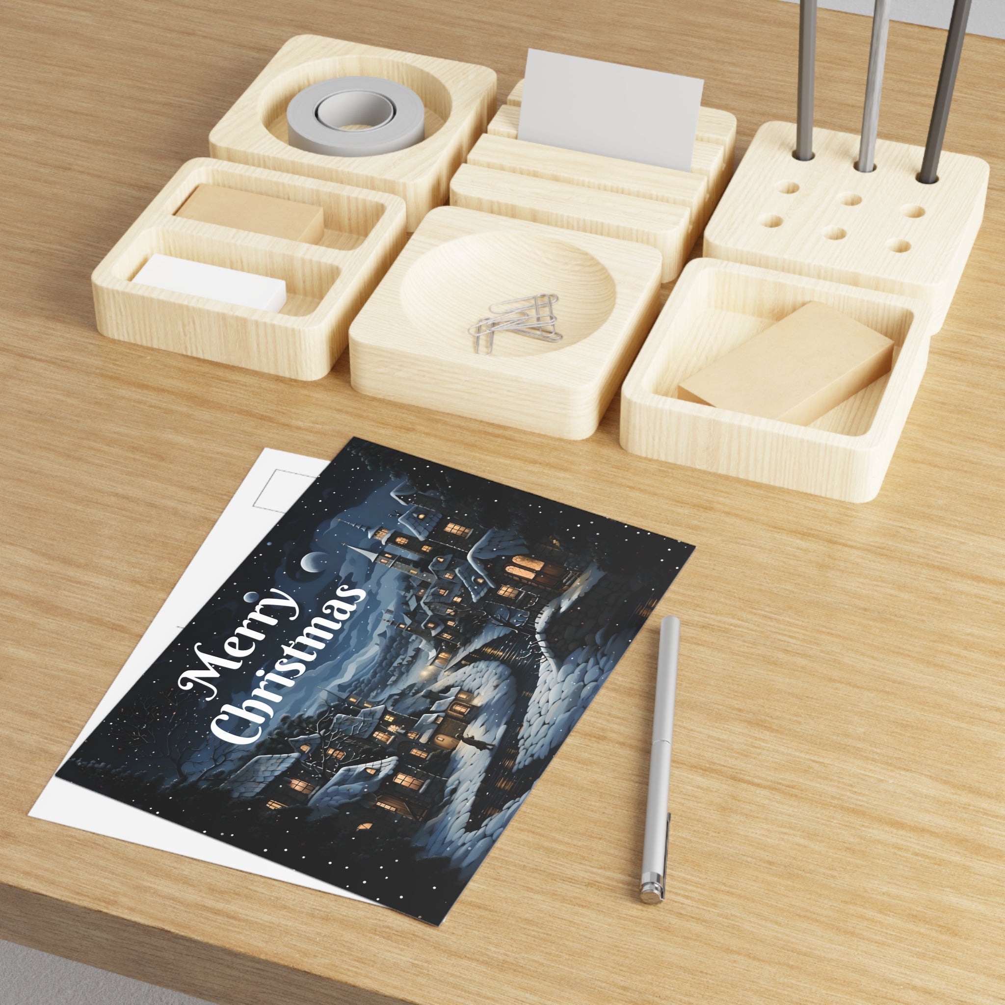 Moonlit Town glossy art postcard, 7x5 inches, featuring a scenic holiday town design on 280gsm paper.