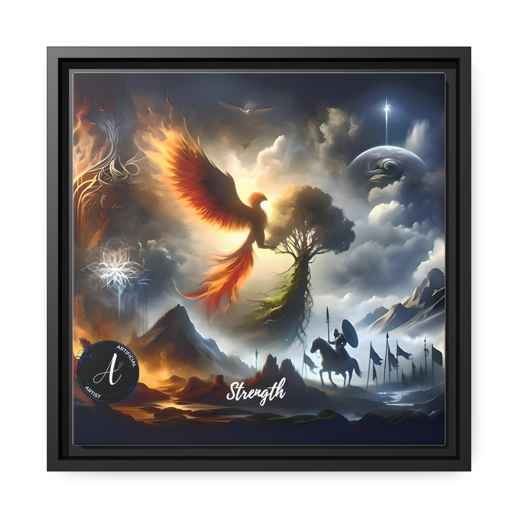 Black framed canvas wall art featuring 'Eternal Rise' design by Artificial Artist, size 14"x14" or 24"x24