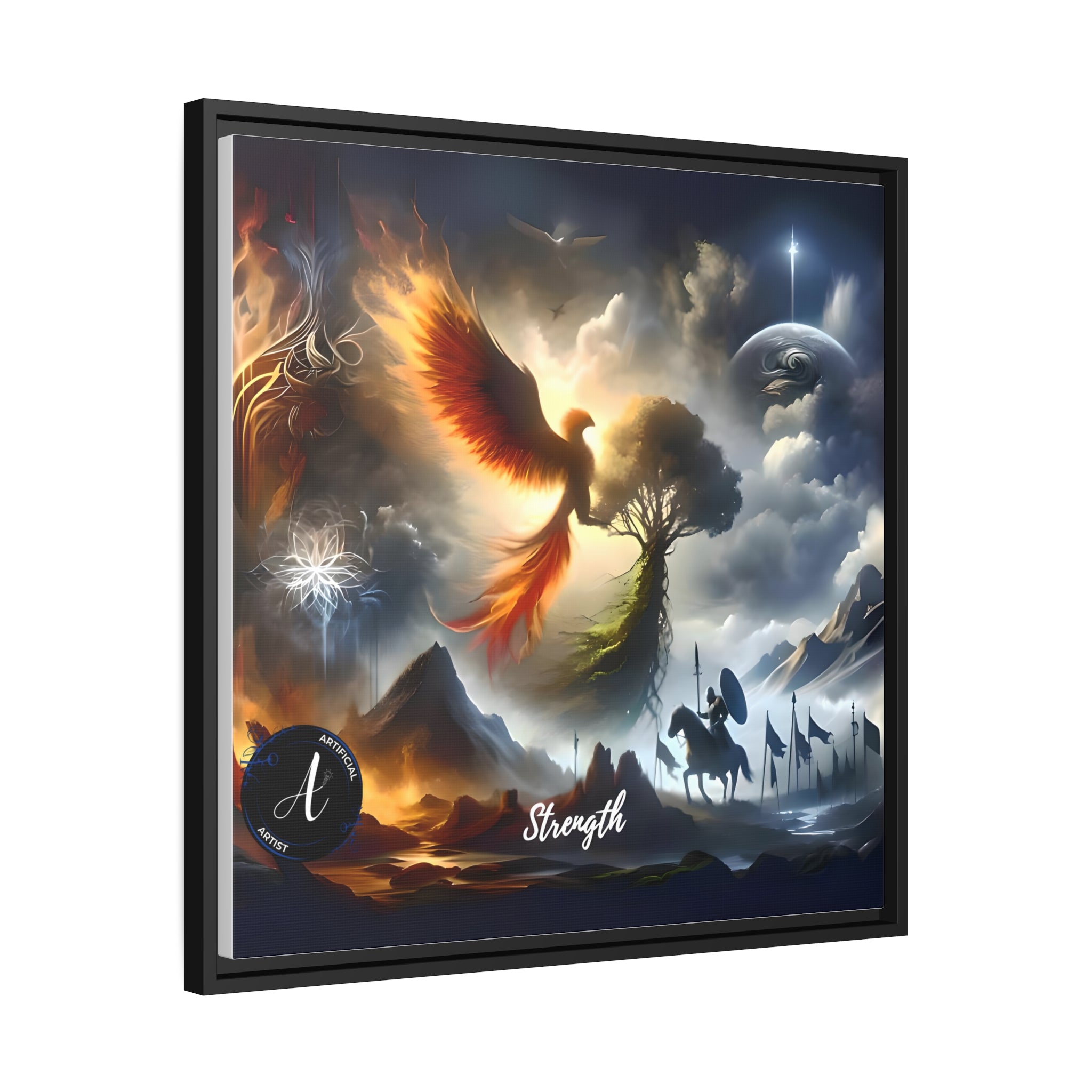 Phoenix Canvas Wall Art in black pinewood frame, square design, featuring vibrant colors and intricate details.