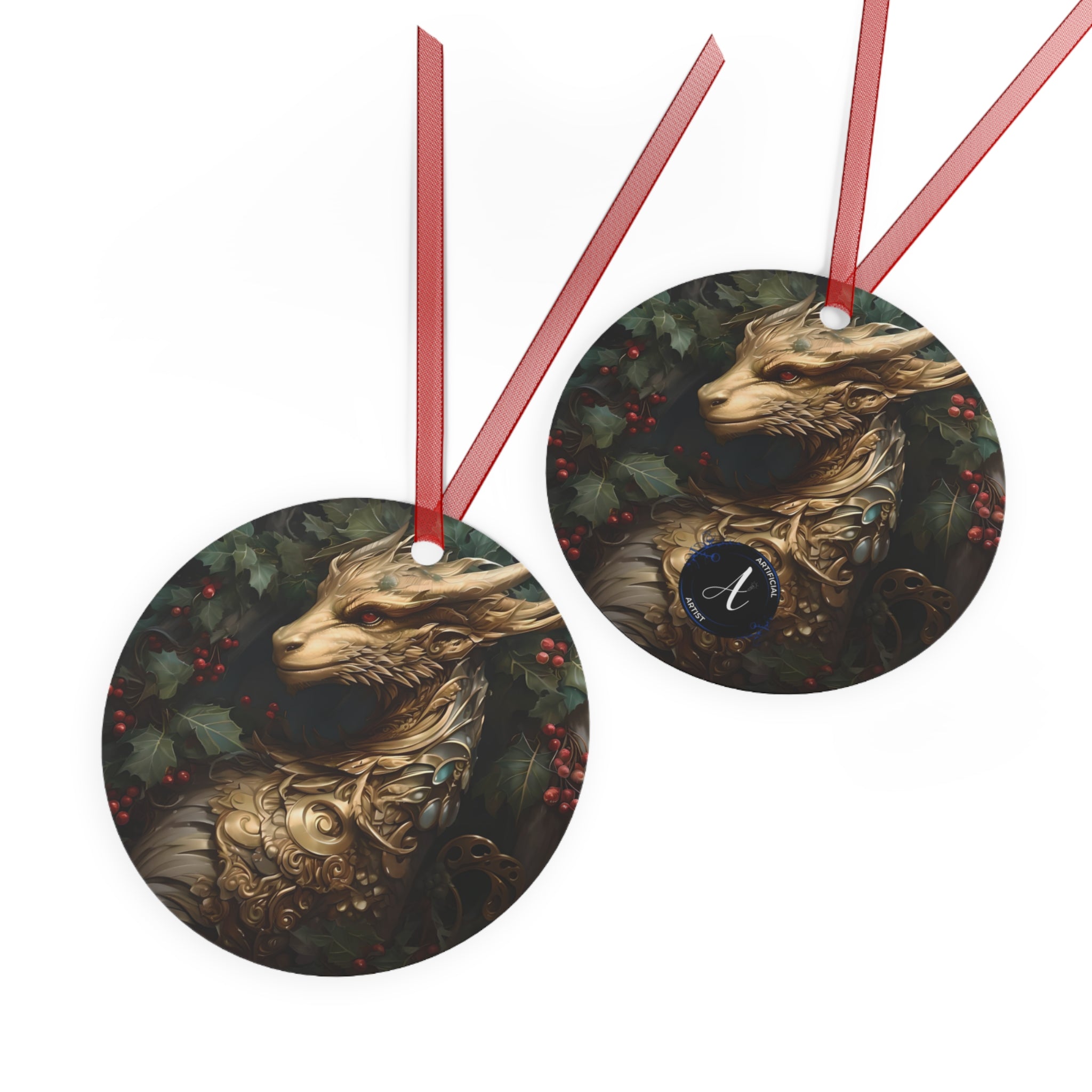 Round golden aluminum Christmas ornament by Printify featuring a double-sided design for holiday decor.