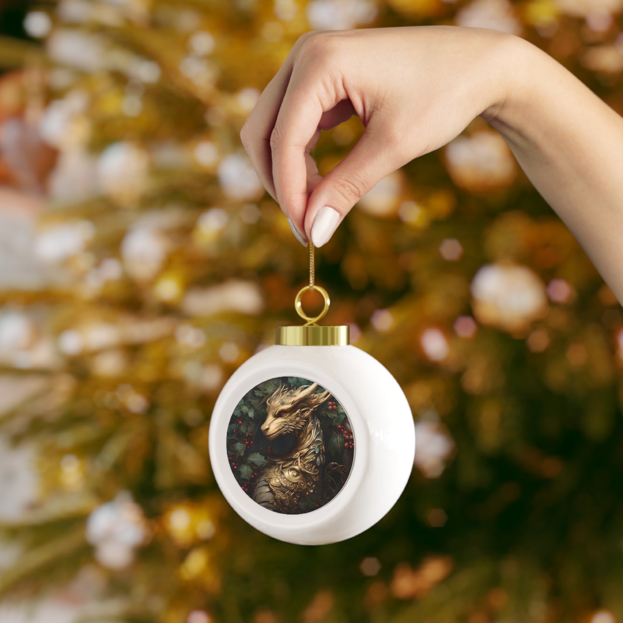 Glossy vintage ceramic Christmas ball ornament with bell design, 3-inch round shape by Printify