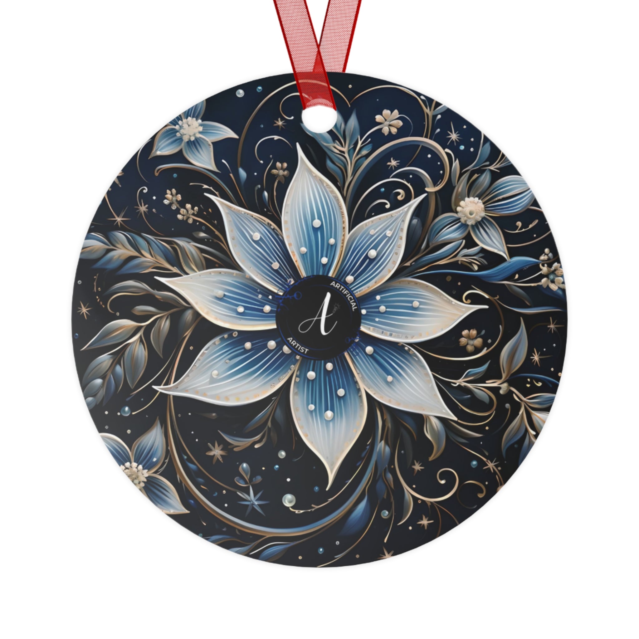 Glossy aluminum round Christmas ornament featuring a midnight snowflake design by Printify.