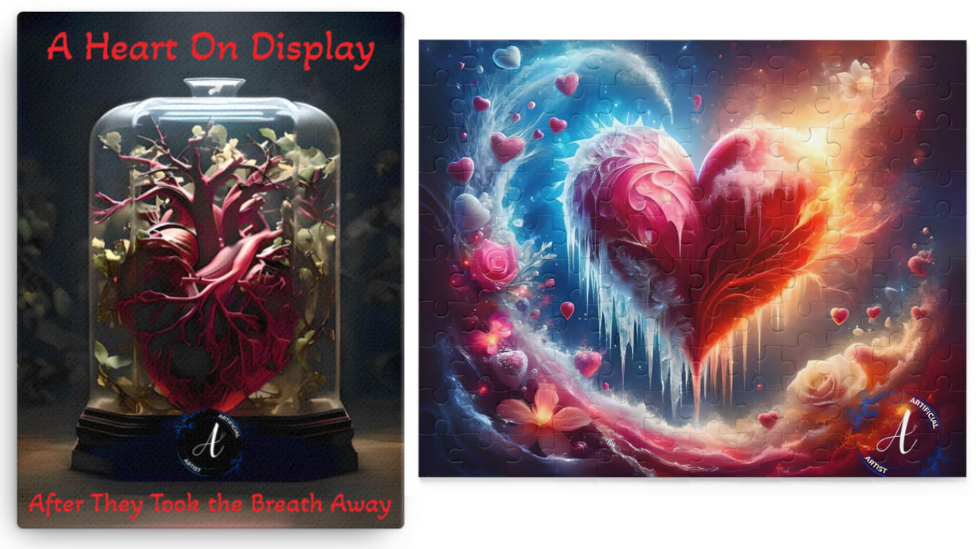 Romantic heart canvas and puzzle gift set from Artificial Artist in vibrant colors, ideal for anniversaries.
