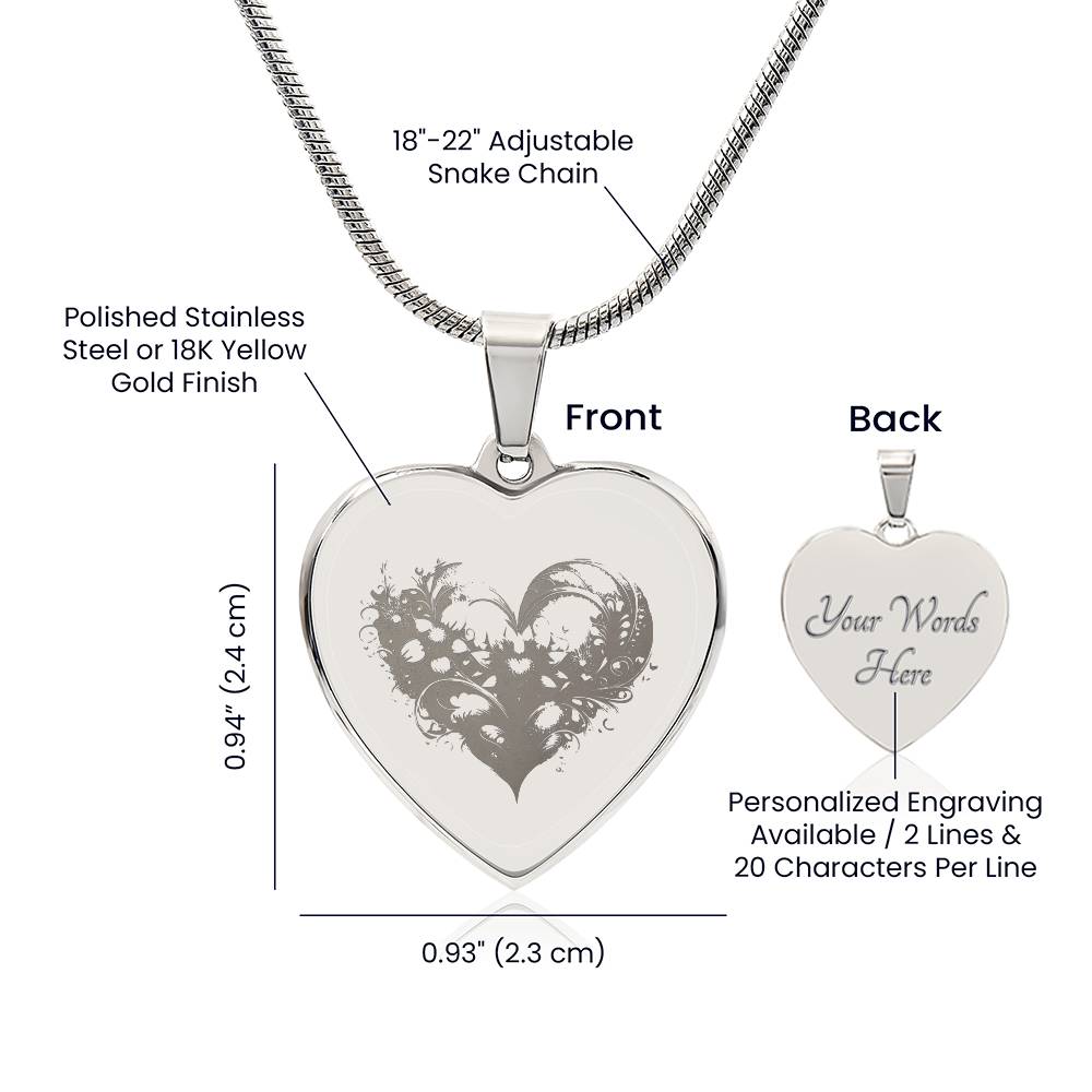 Custom engraved heart necklace in polished stainless steel with adjustable chain by Artificial Artist