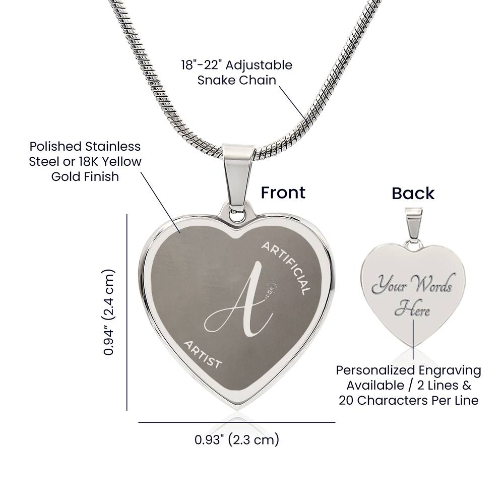 Polished stainless steel heart necklace with custom engraving, presented in gift box from Artificial Artist.