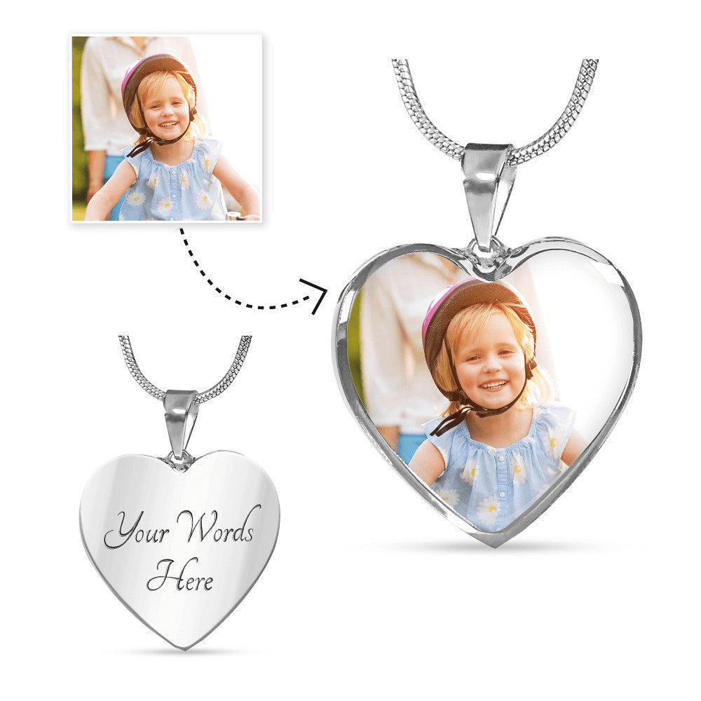 Surgical steel heart necklace with custom photo engraving, adjustable chain, by Artificial Artist