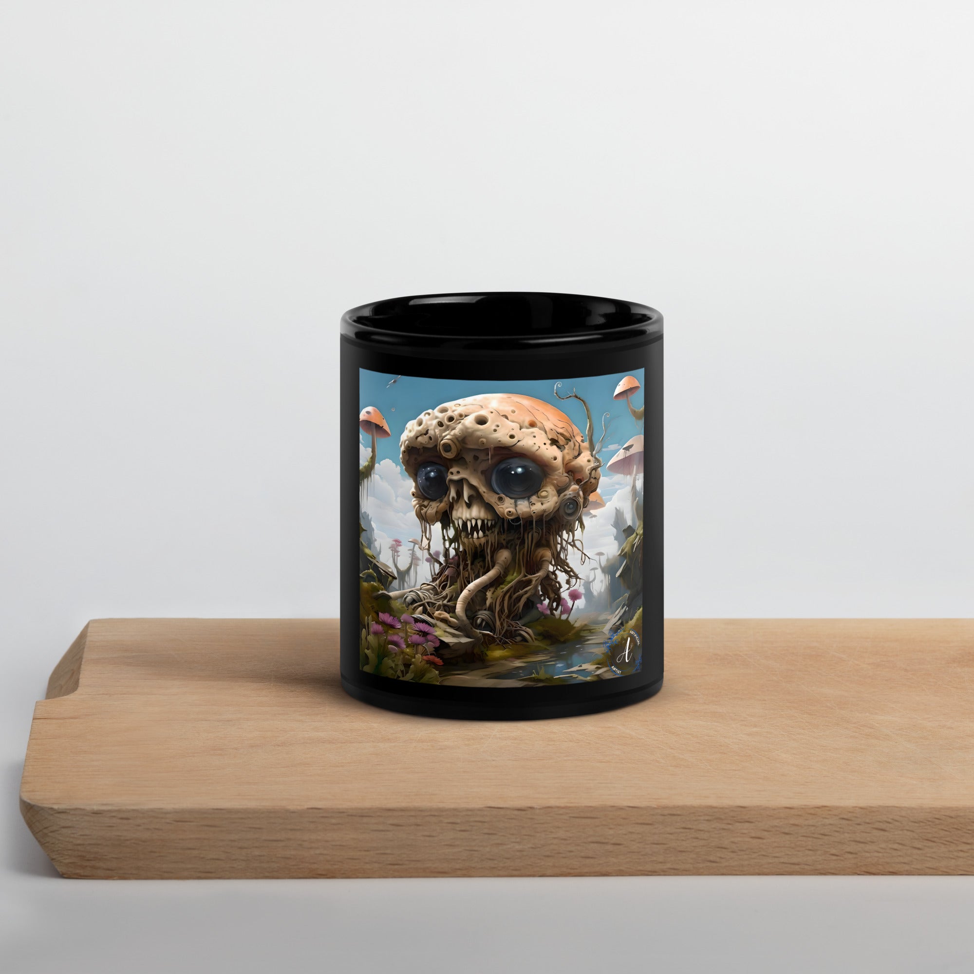 Black glossy ceramic mug available in 11oz and 15oz, ideal for coffee or tea, by Artificial Artist