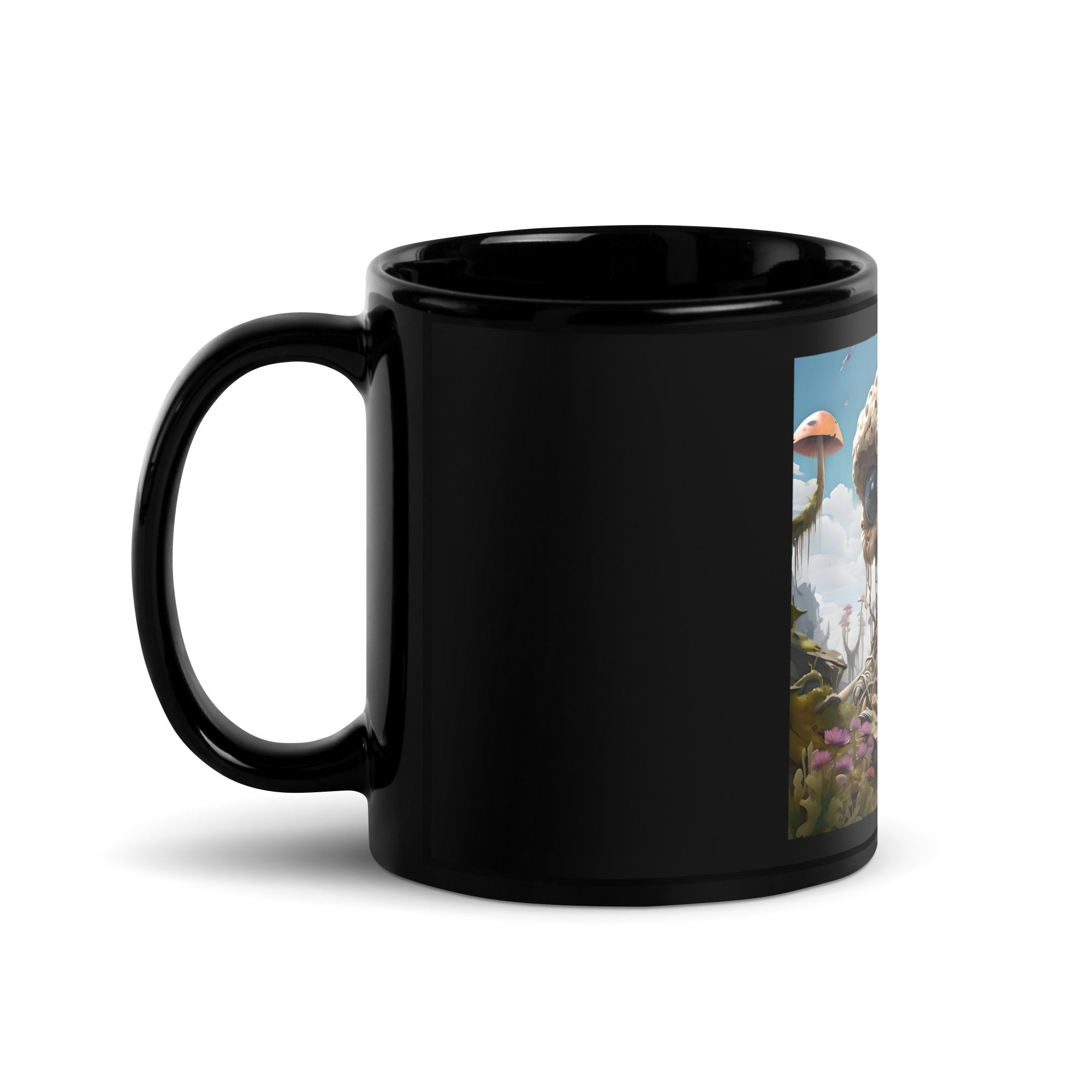 Black glossy ceramic mug in 11oz and 15oz sizes, ideal for coffee or tea, by Artificial Artist