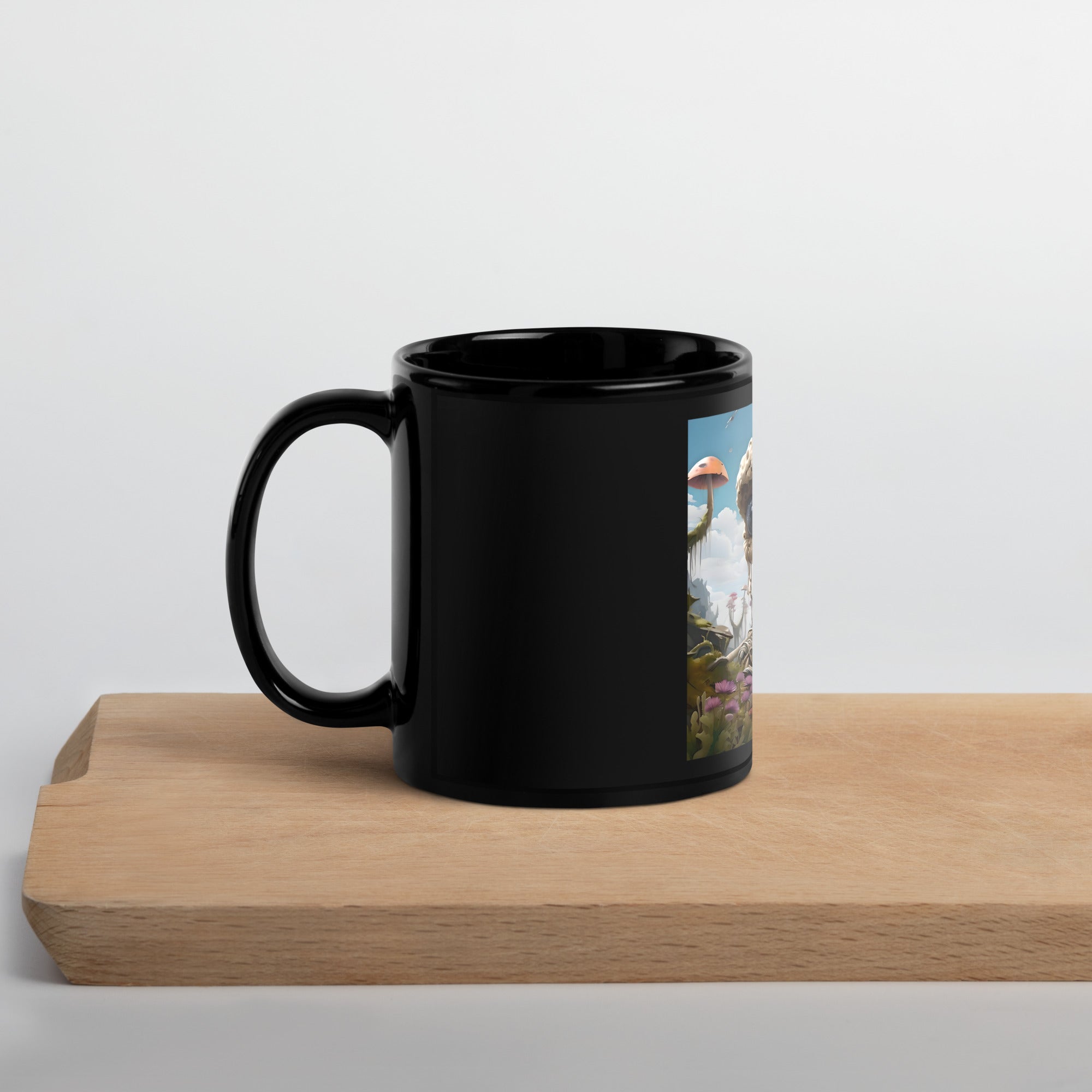 Black glossy ceramic mug, available in 11oz and 15oz sizes, ideal for coffee or tea.