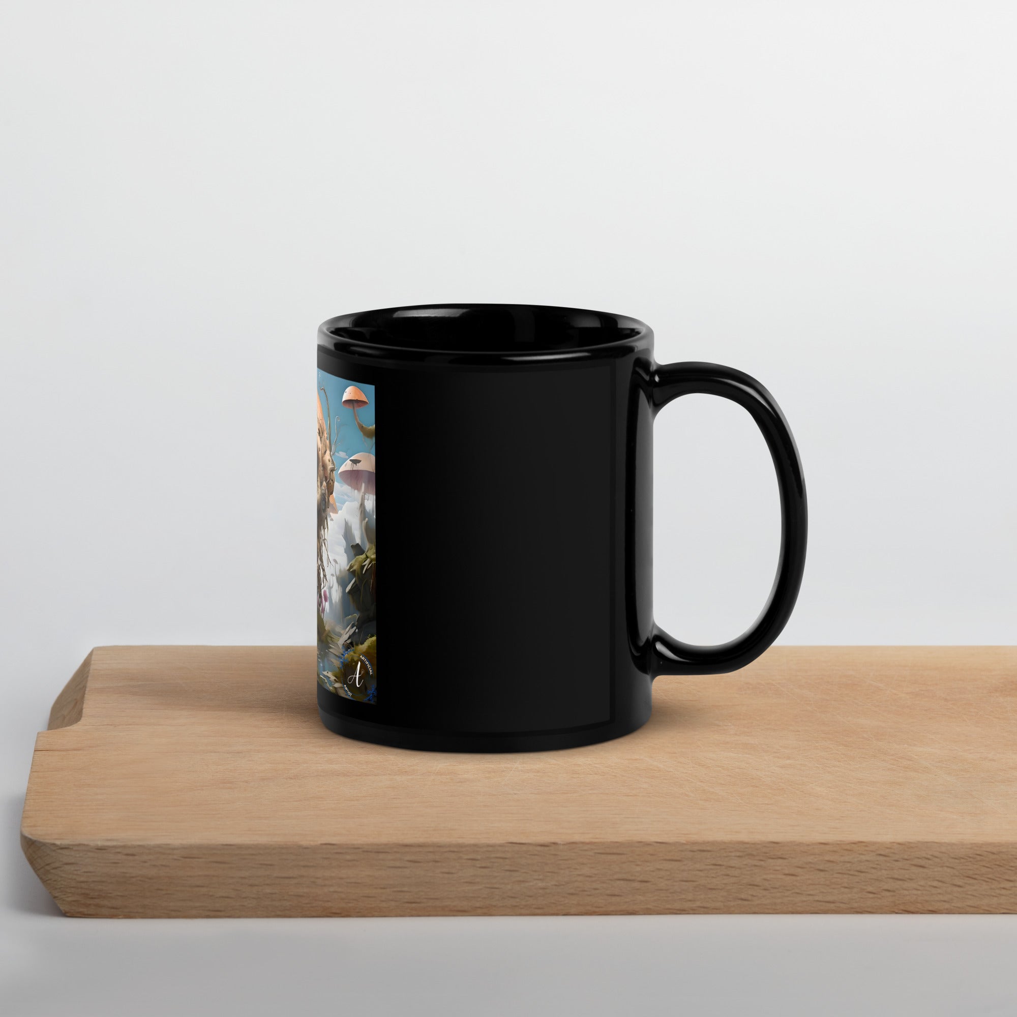 Black glossy ceramic mug in 11oz or 15oz sizes by Artificial Artist, perfect for coffee or tea.