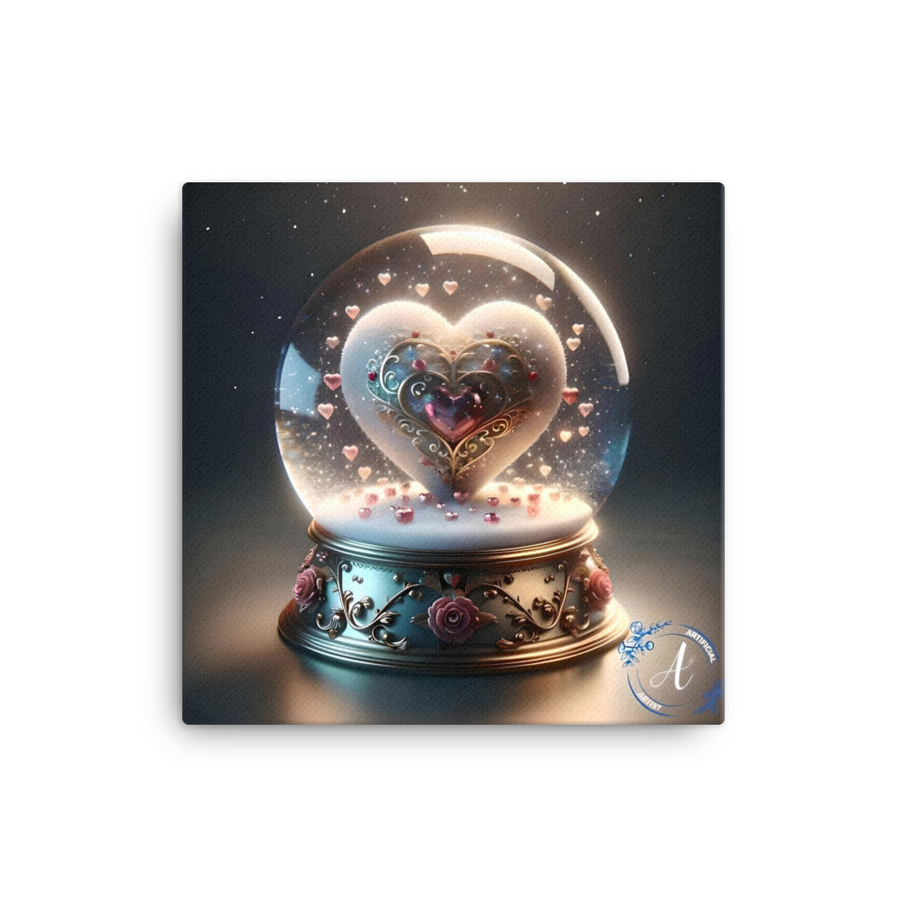 Hand-stretched canvas art featuring a globe heart design in vibrant colors by Artificial Artist