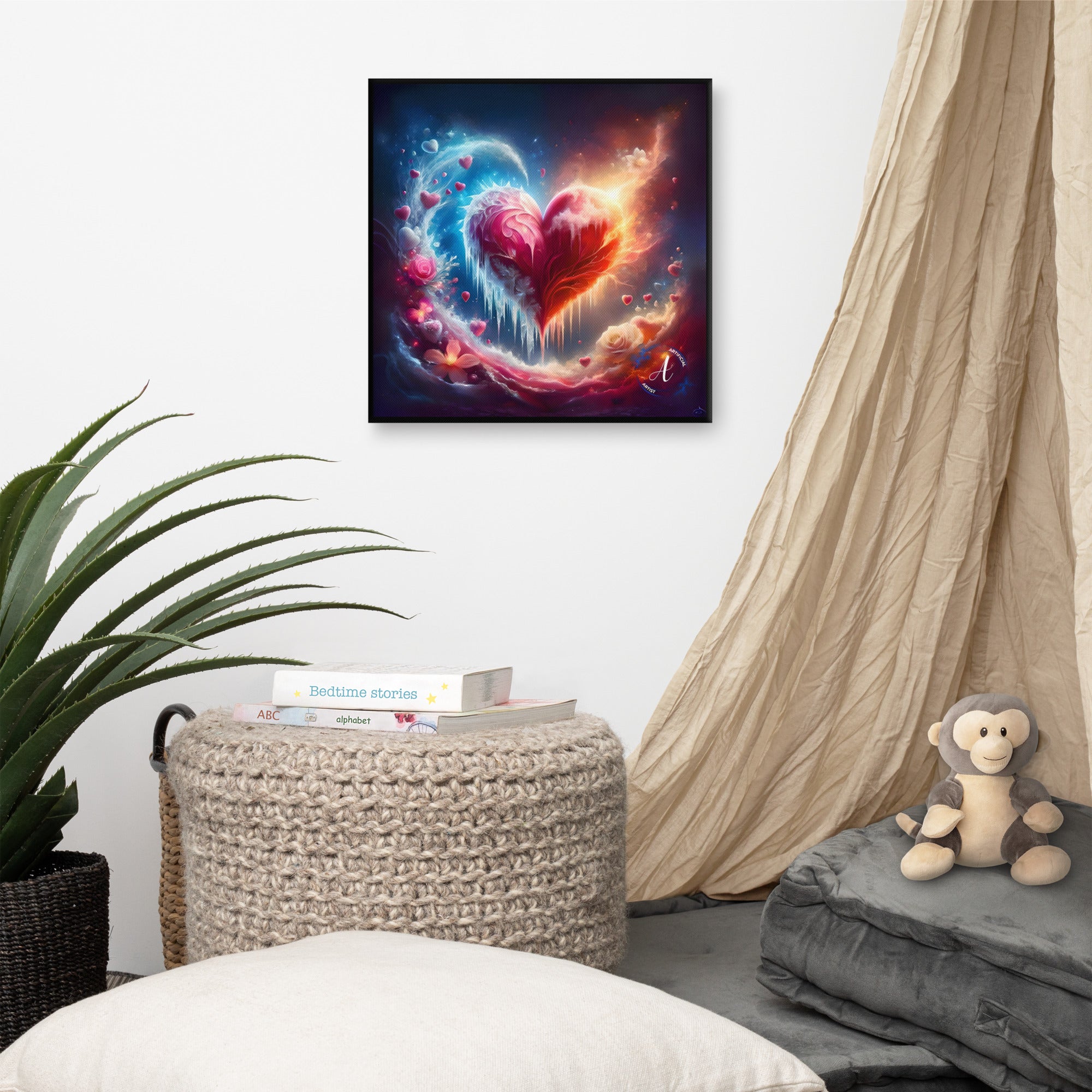 Emotional heart-themed canvas wall art by Artificial Artist, available in 16″×16″ and 12″×12″ sizes on acid-free canvas.