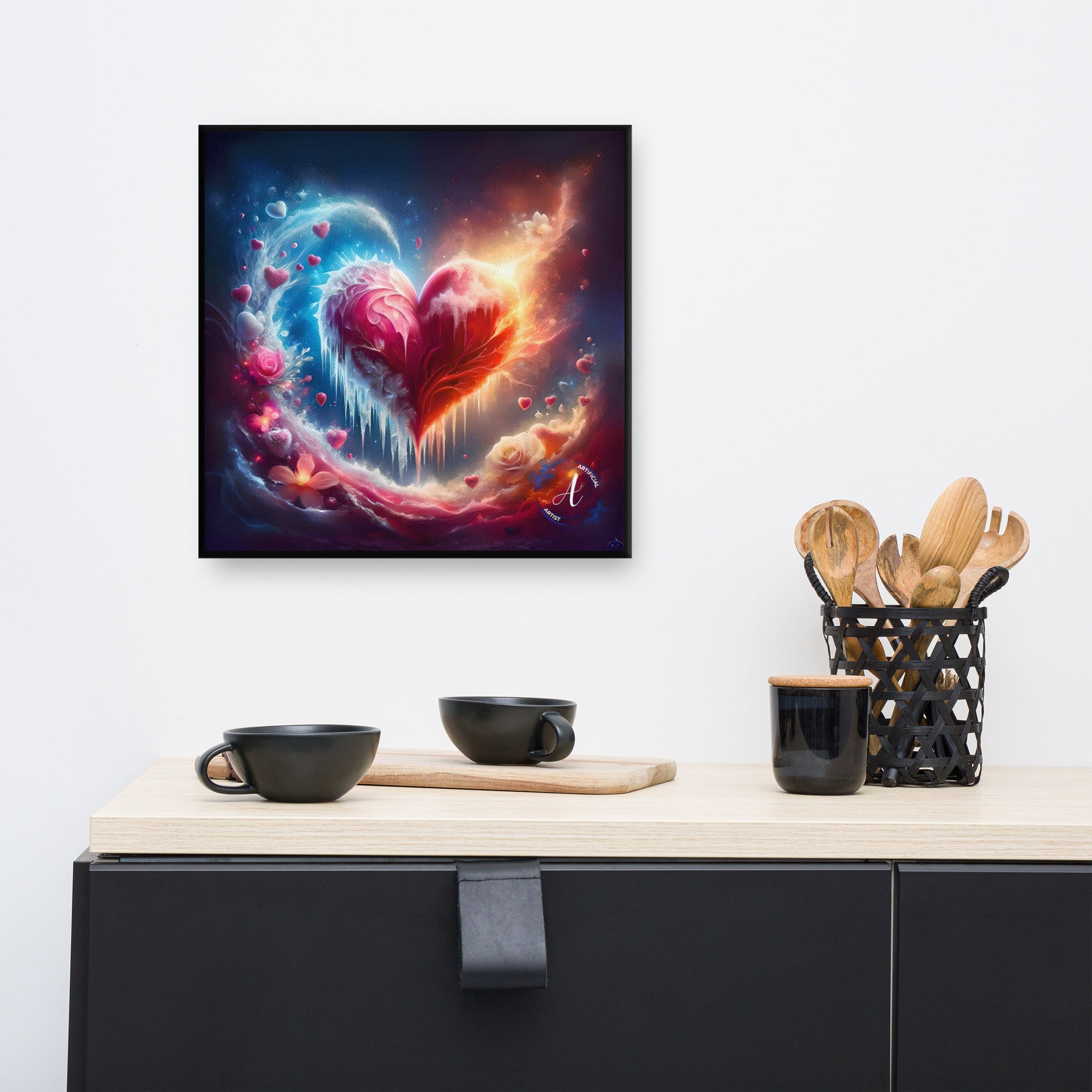 Heart's Revival canvas wall art by Artificial Artist, emotional abstract design on acid-free canvas, available in 16”x16” an