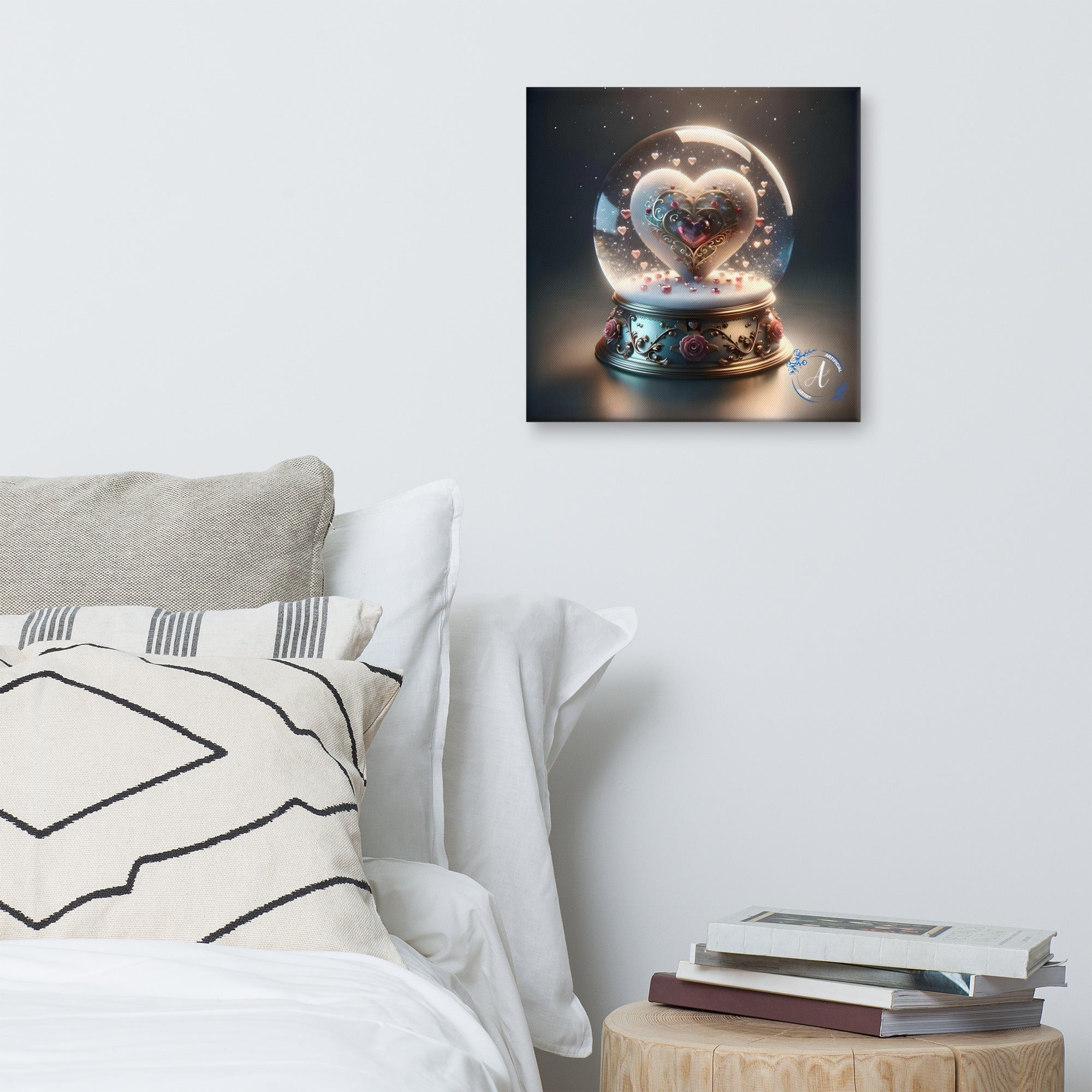 Hand-stretched canvas art featuring a globe heart design in vivid colors by Artificial Artist