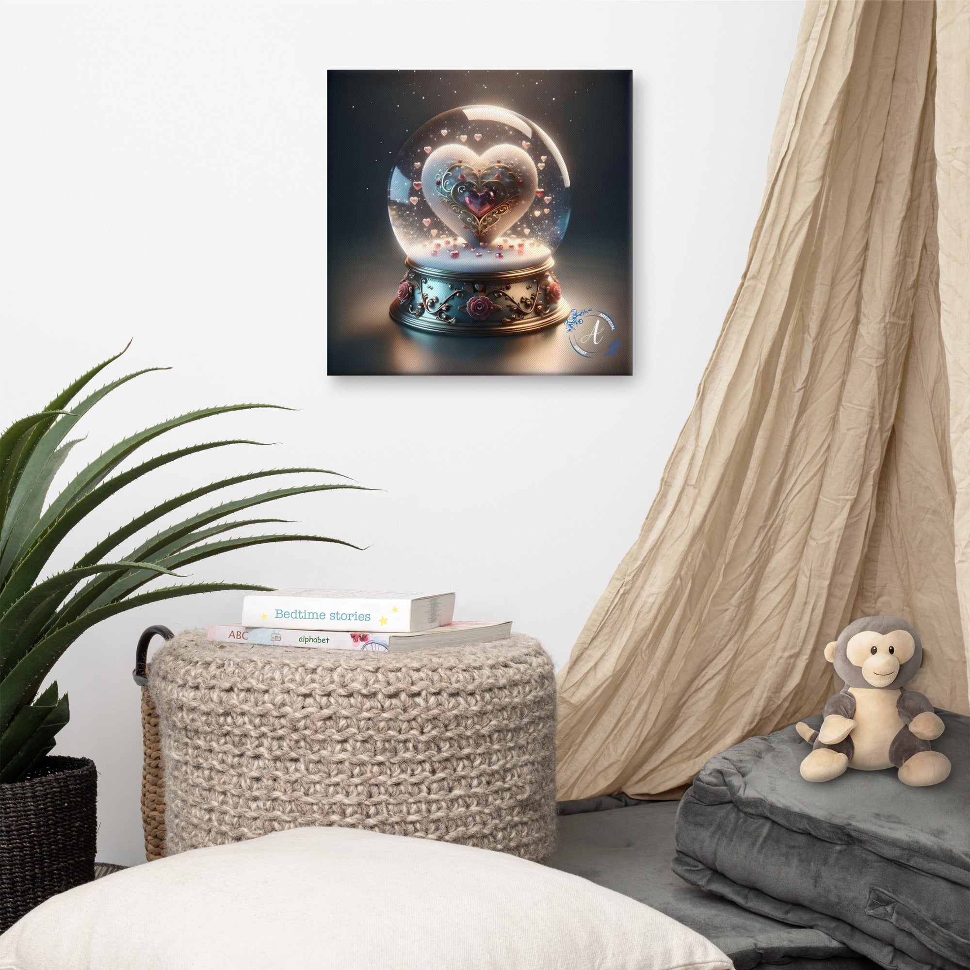Hand-stretched canvas art featuring a colorful globe heart design by Artificial Artist, fade-resistant and acid-free.