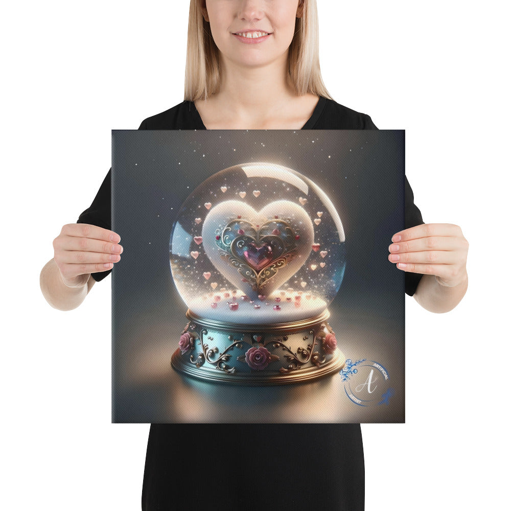 Heartfelt Horizons canvas art featuring a hand-stretched globe heart design in vibrant colors by Artificial Artist