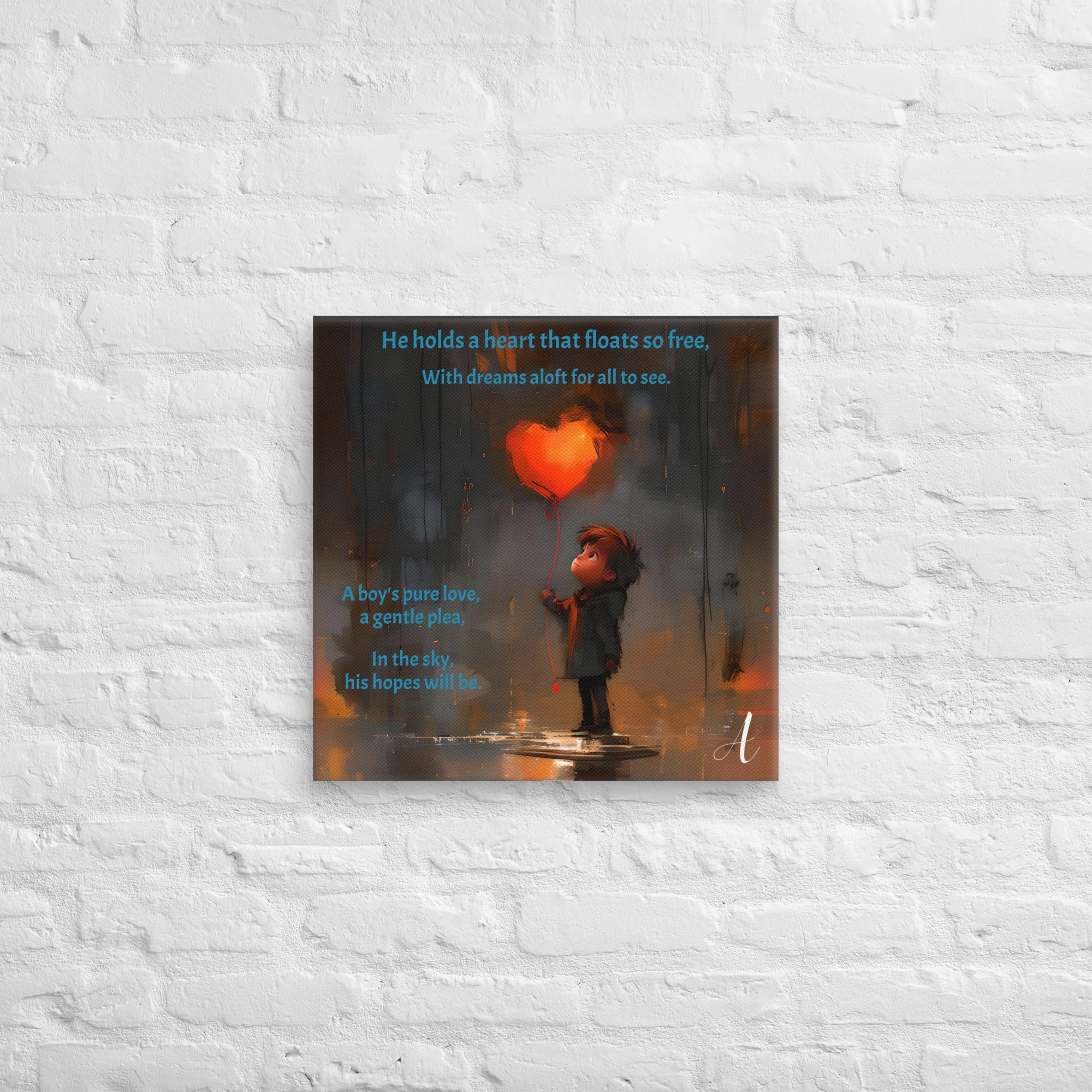 Colorful canvas print featuring heart-shaped balloon art by Artificial Artist, fade-resistant, available in 18” and 20” size