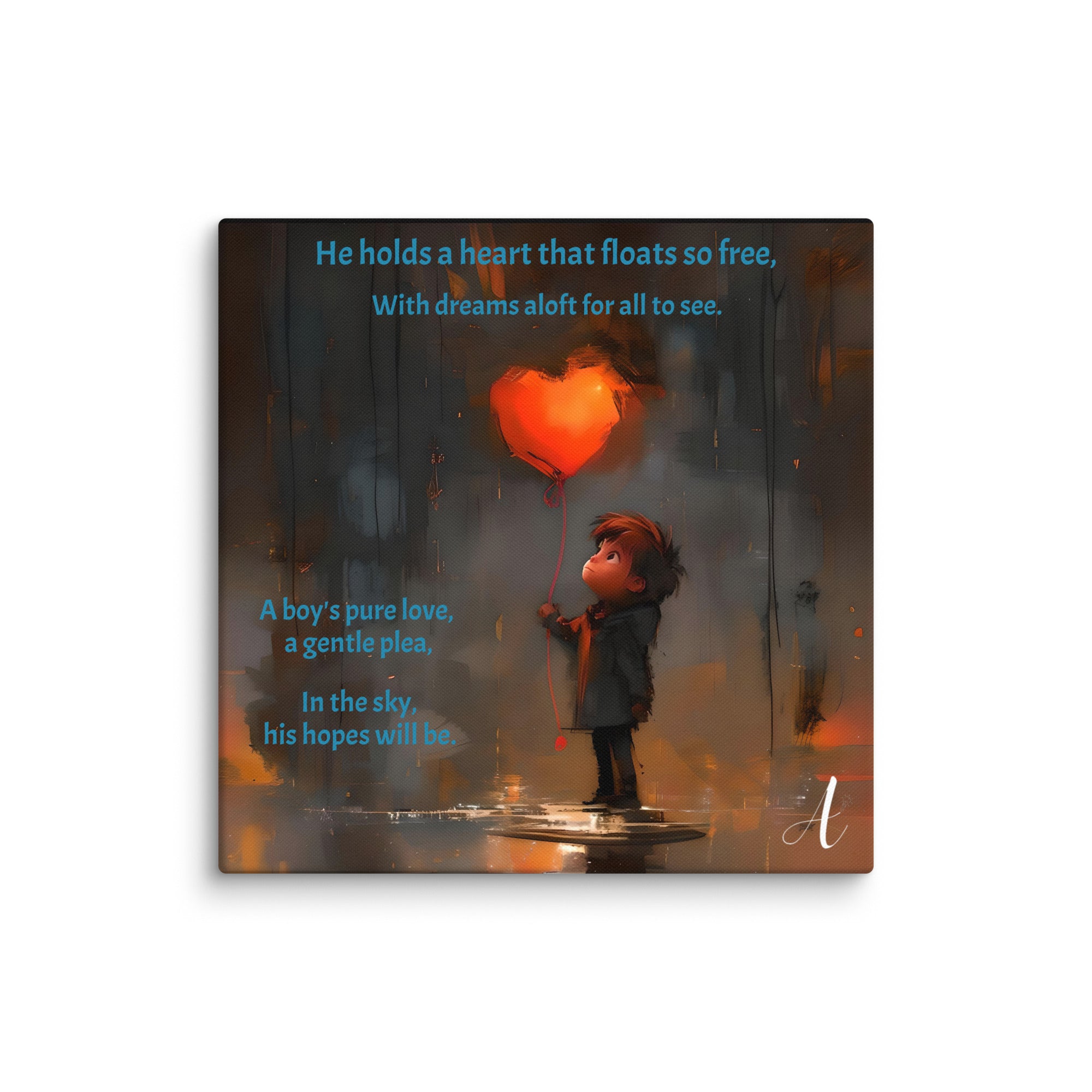 Heart-shaped balloon illustration canvas print by Artificial Artist, fade-resistant, available in 18″×18″ and 20″×20″ sizes.