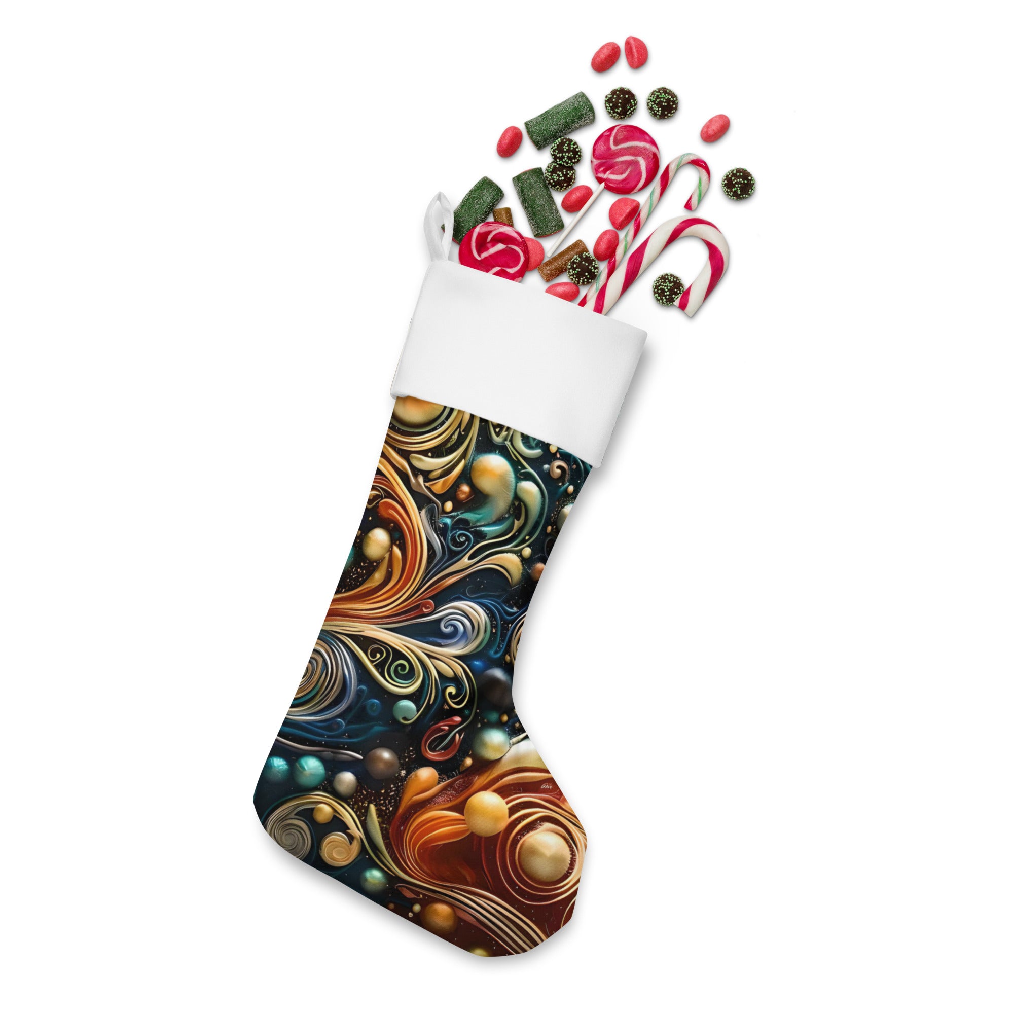 Premium polyester Christmas stockings in abstract design, 7x18 inches, by Artificial Artist for holiday mantel decor.