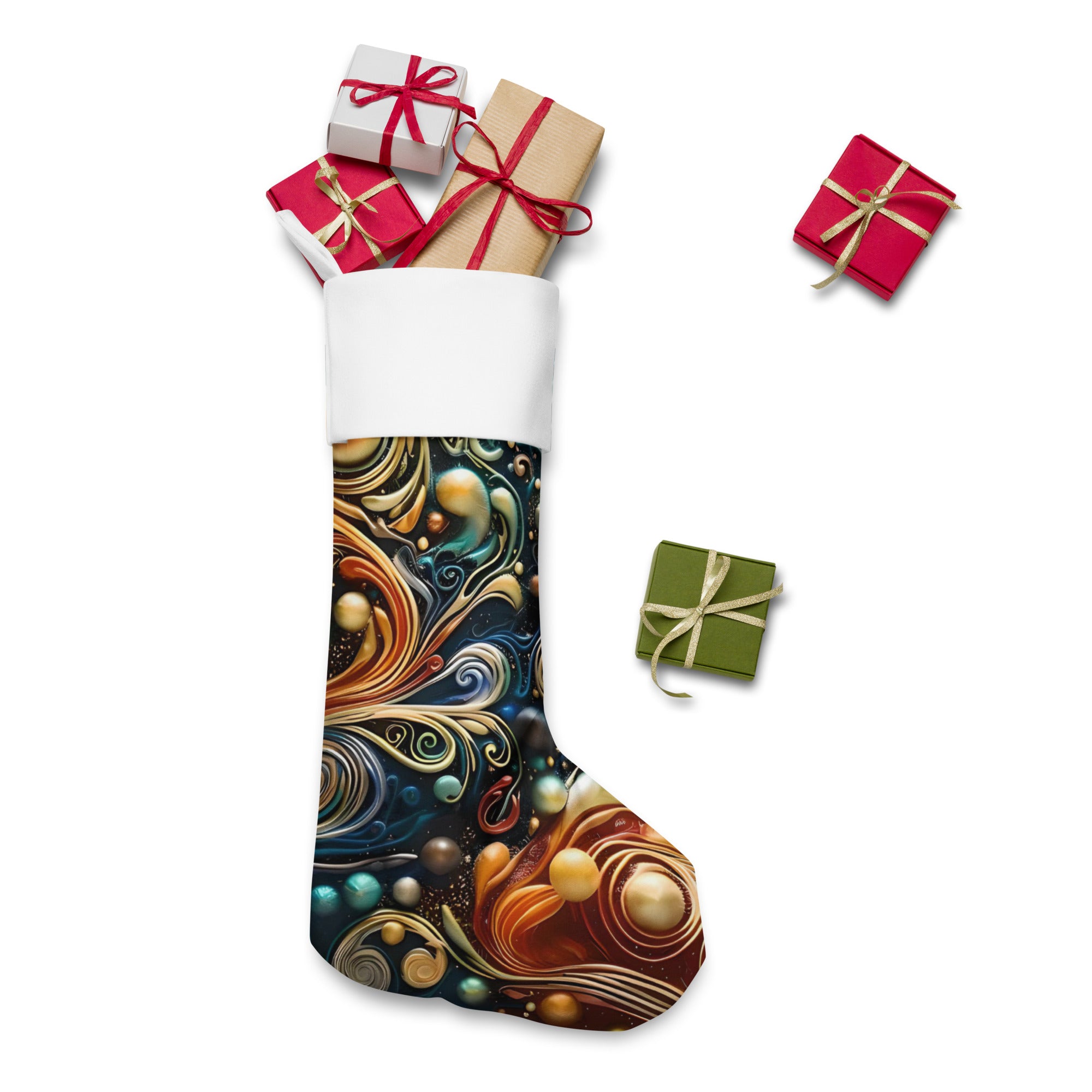 Premium polyester Christmas stockings with abstract designs, 7x18 inches, from Artificial Artist.