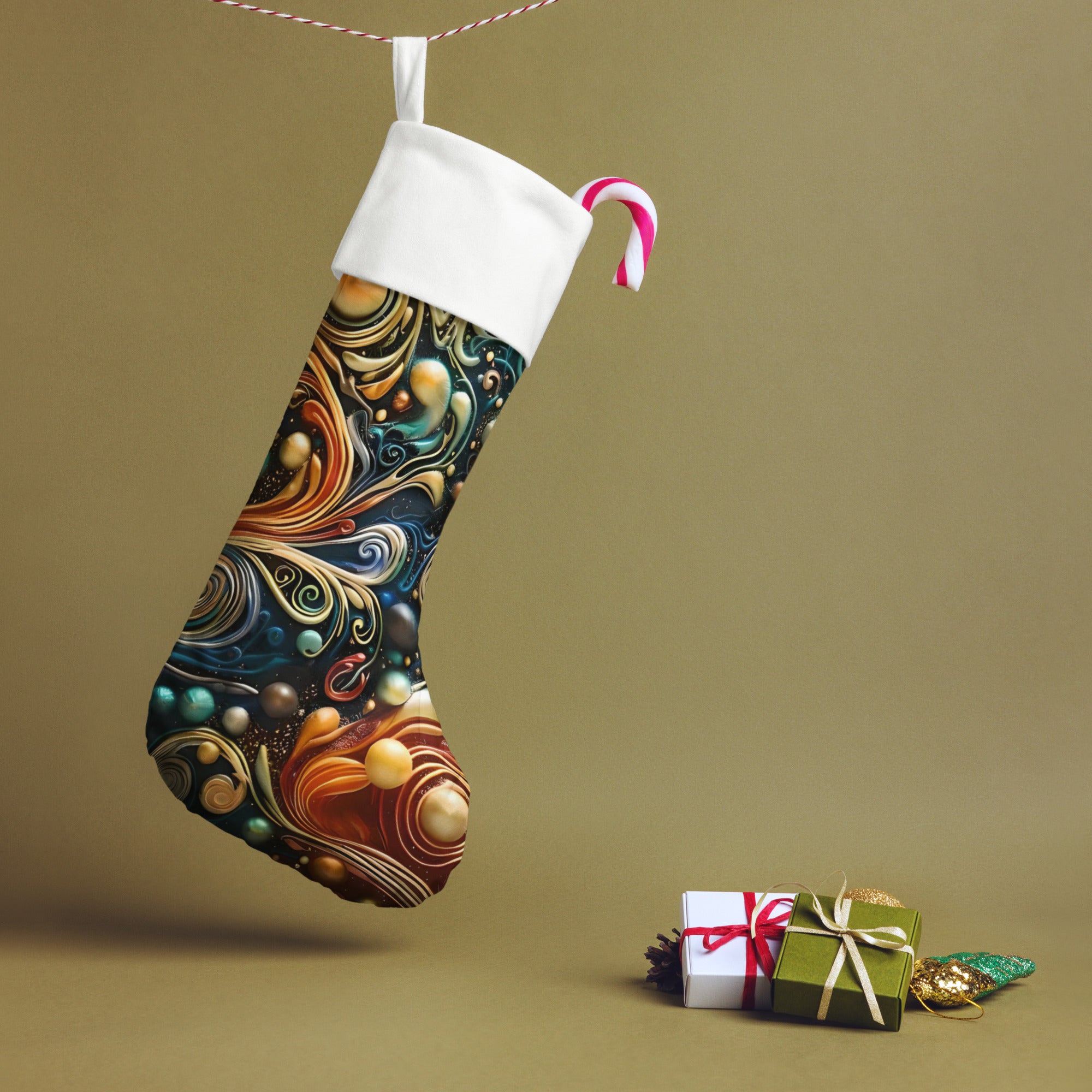 Abstract design polyester Christmas stocking, 7x18 inches, by Artificial Artist, perfect for holiday mantel decor.