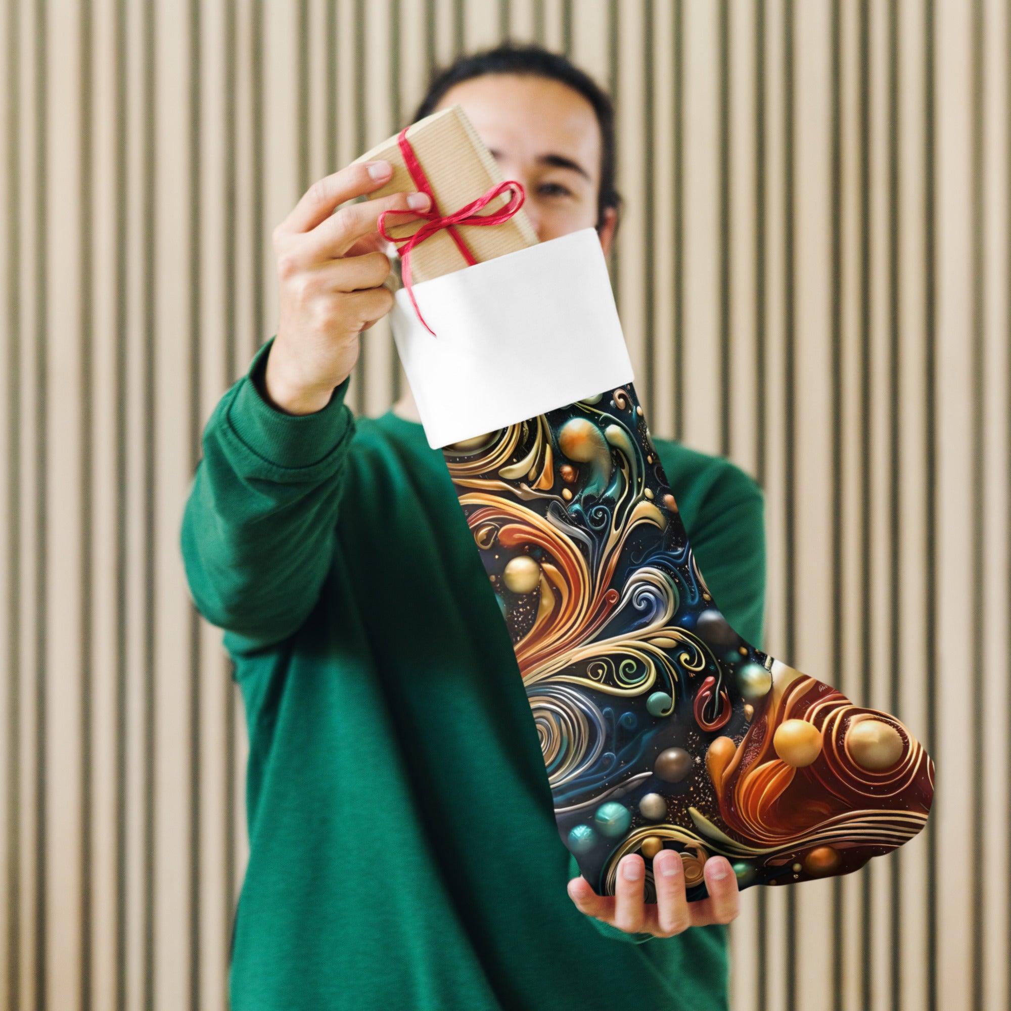 Premium polyester Christmas stocking with abstract design, 7x18 inches, by Artificial Artist for holiday mantel decor.