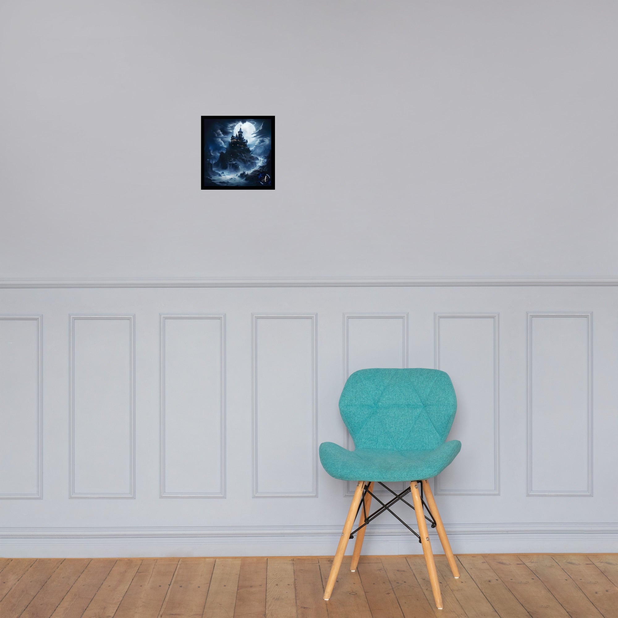 Misty Mansion Halloween poster in dark tones, museum quality matte paper, by Artificial Artist, available in multiple sizes.