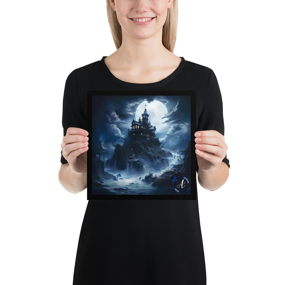 Misty Mansion Halloween poster on matte paper, featuring a dark aesthetic with atmospheric details, by Artificial Artist.