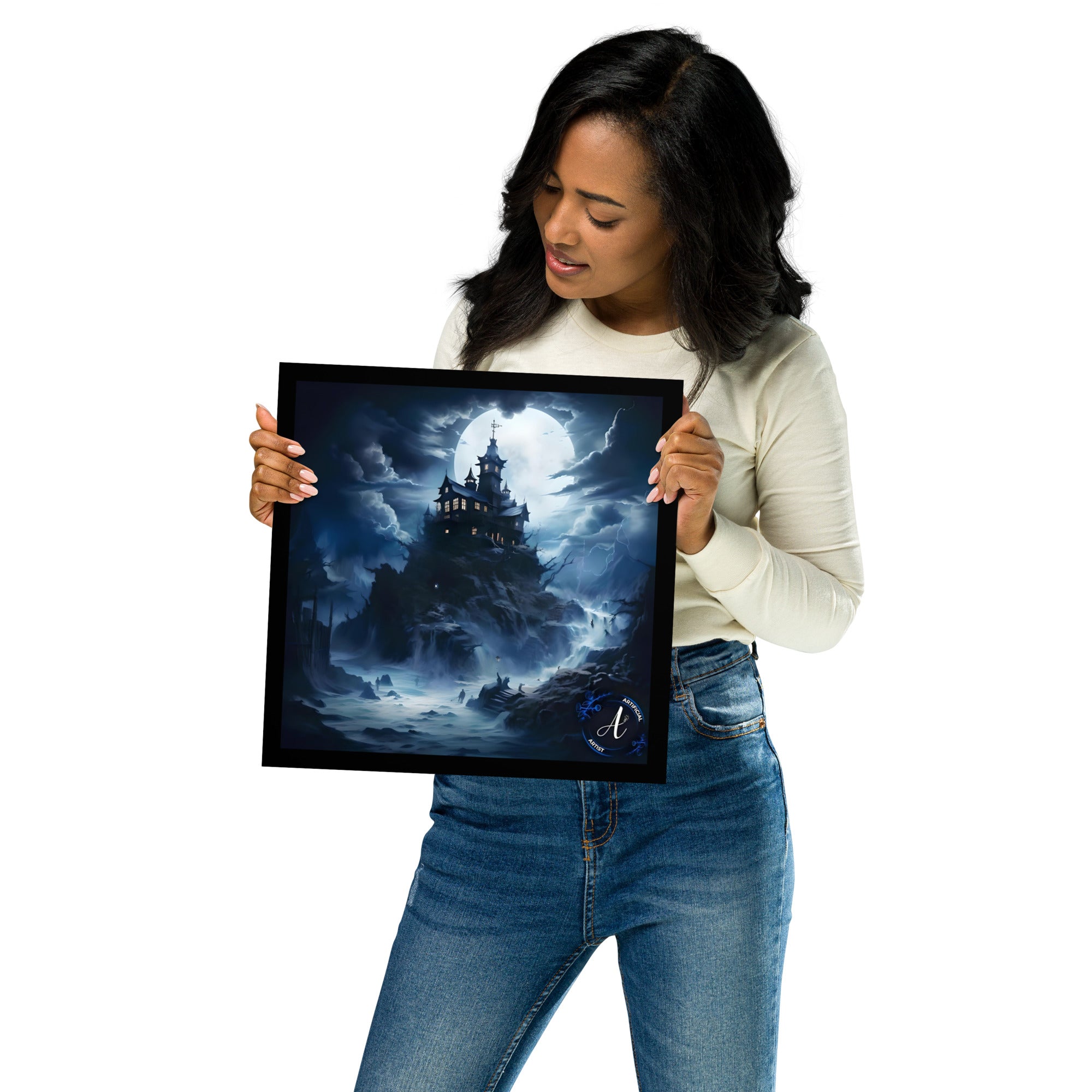 Misty Mansion Halloween poster on museum-quality matte paper, featuring a dark aesthetic in atmospheric colors.